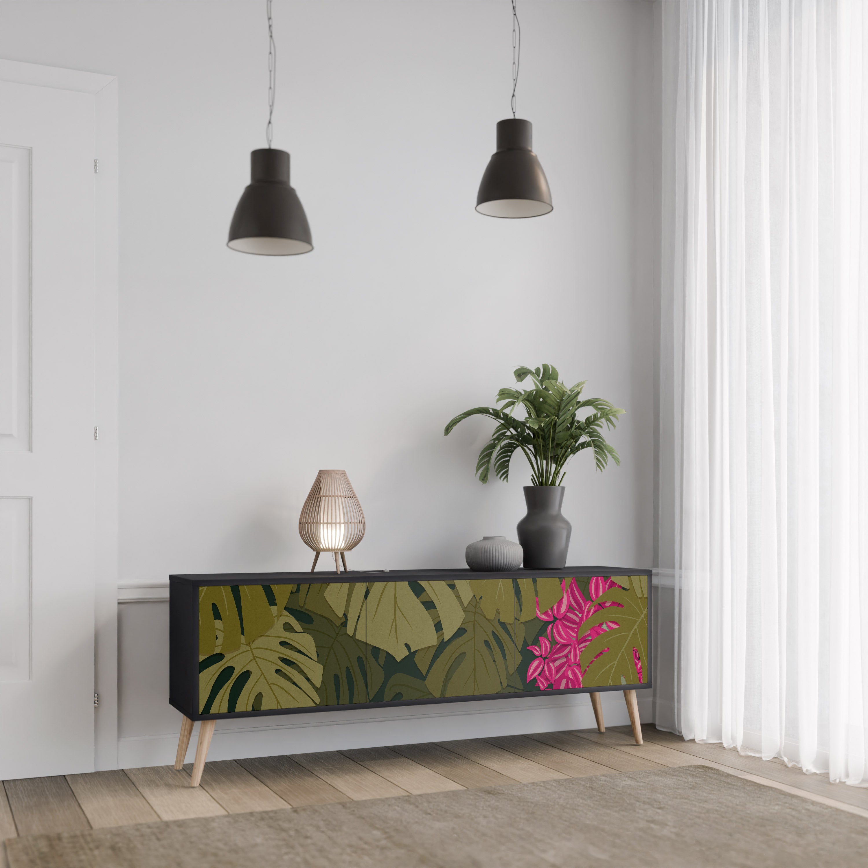 TROPICAL BEAUTY 3-Door TV Stand in Black Finish