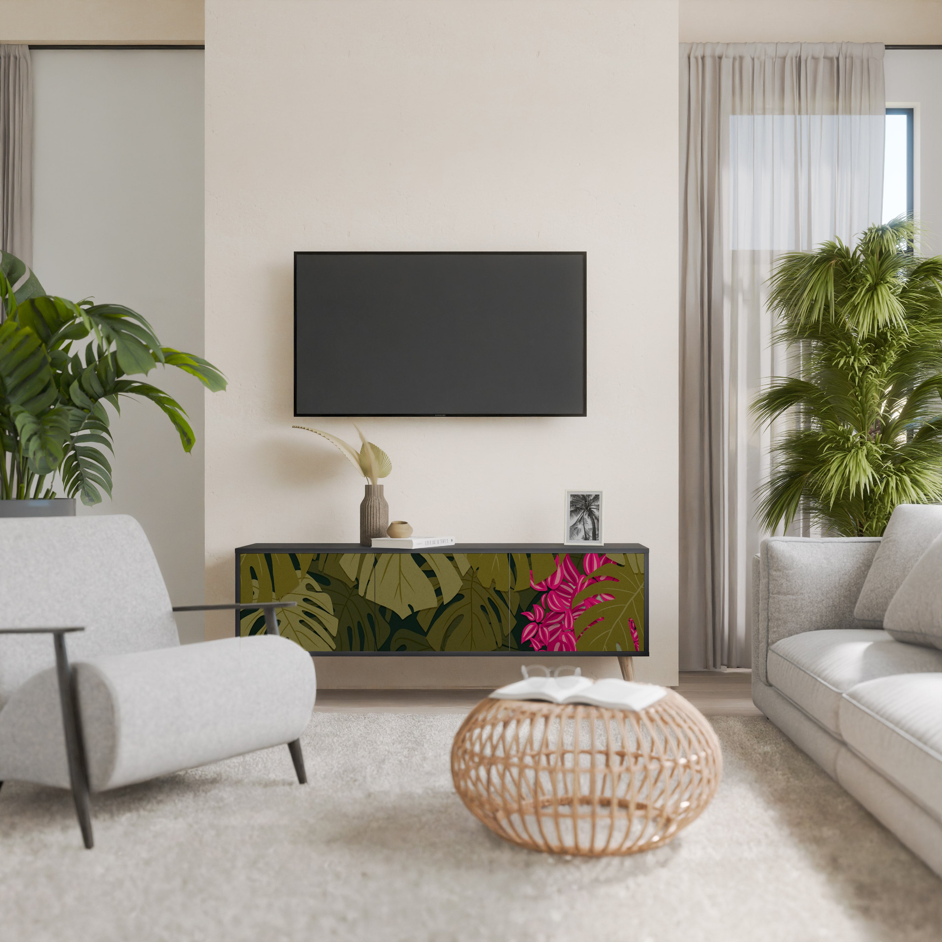 TROPICAL BEAUTY 3-Door TV Stand in Black Finish