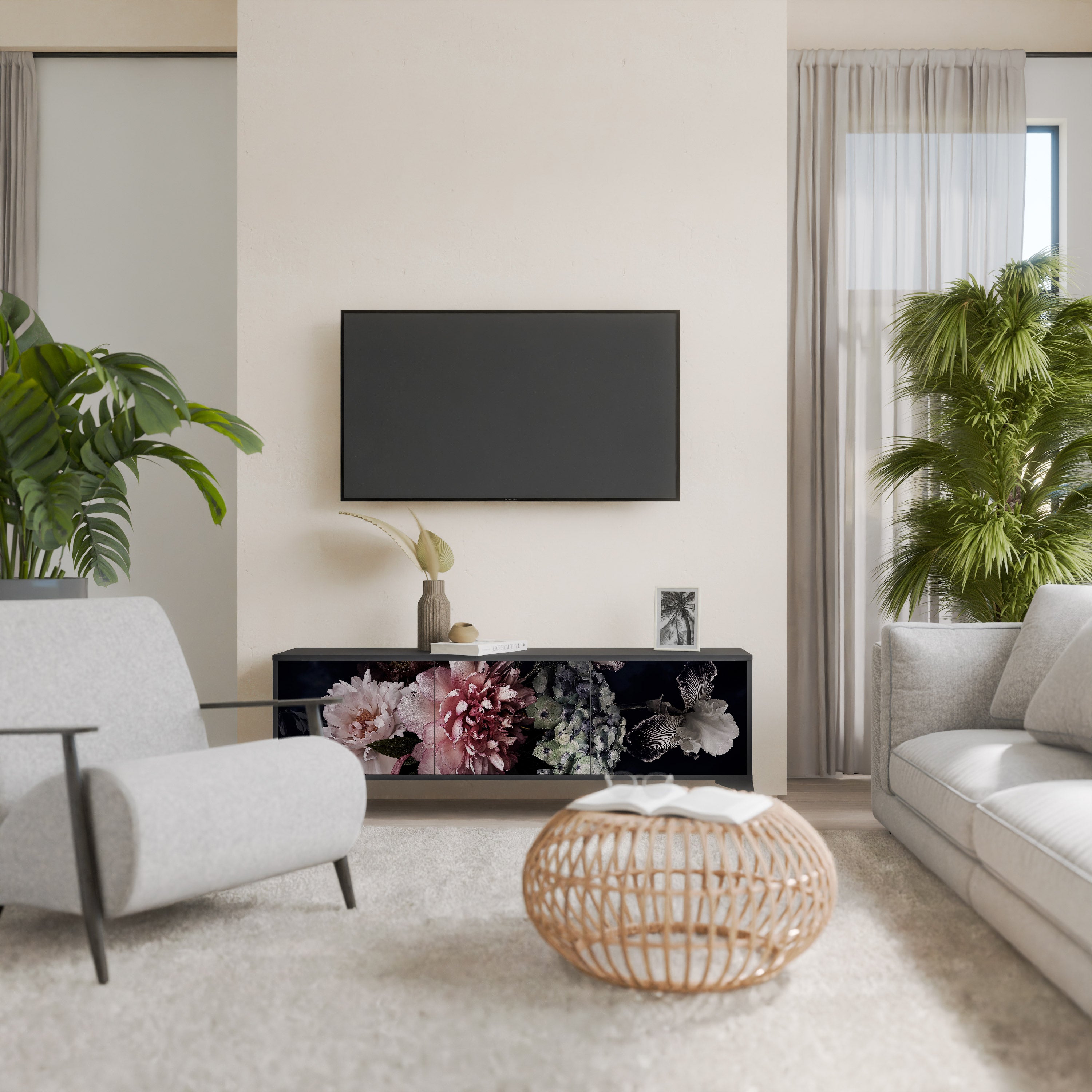 PURE BLOSSOM 3-Door TV Stand in Black Finish
