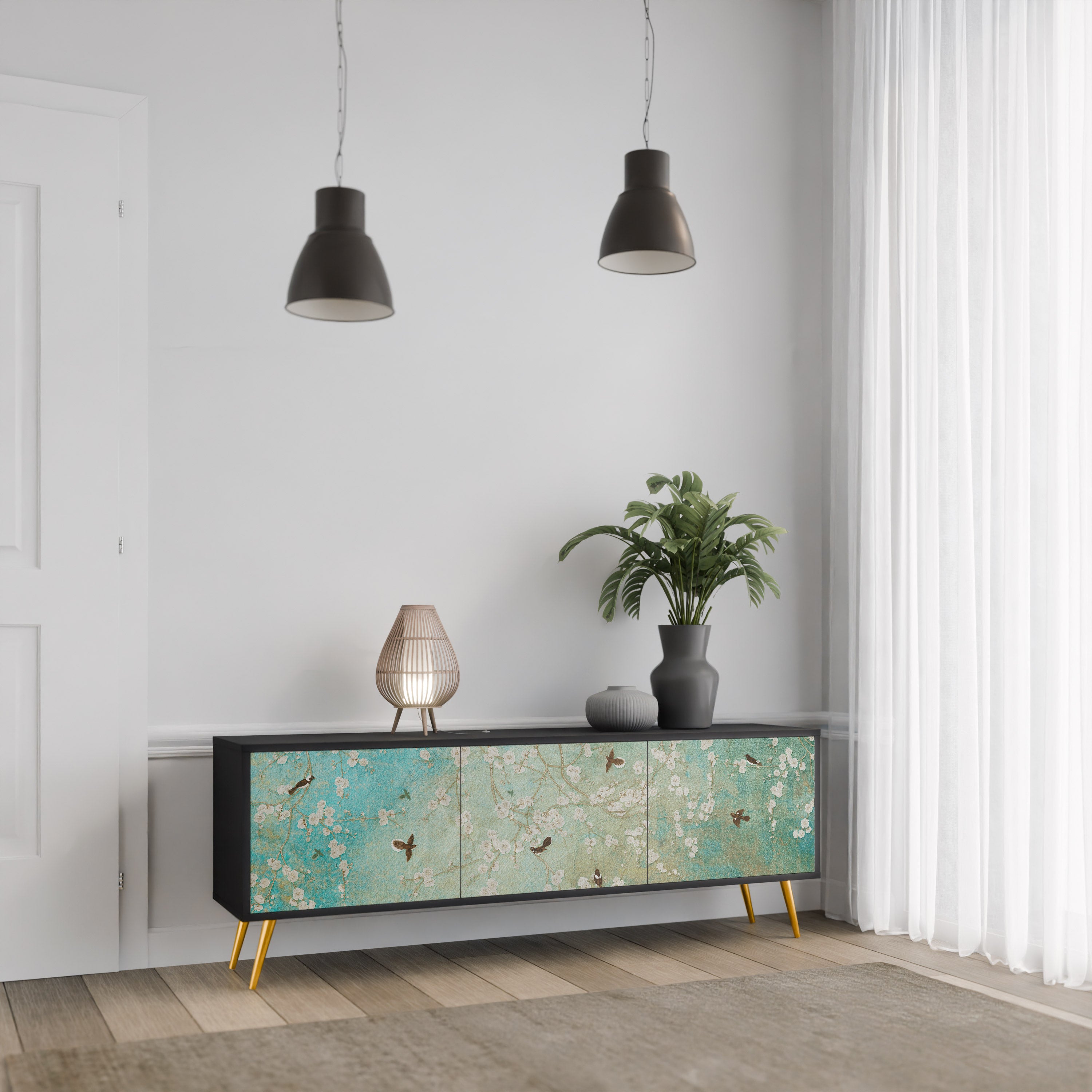 BLOOMING CHARM 3-Door TV Stand in Black Finish