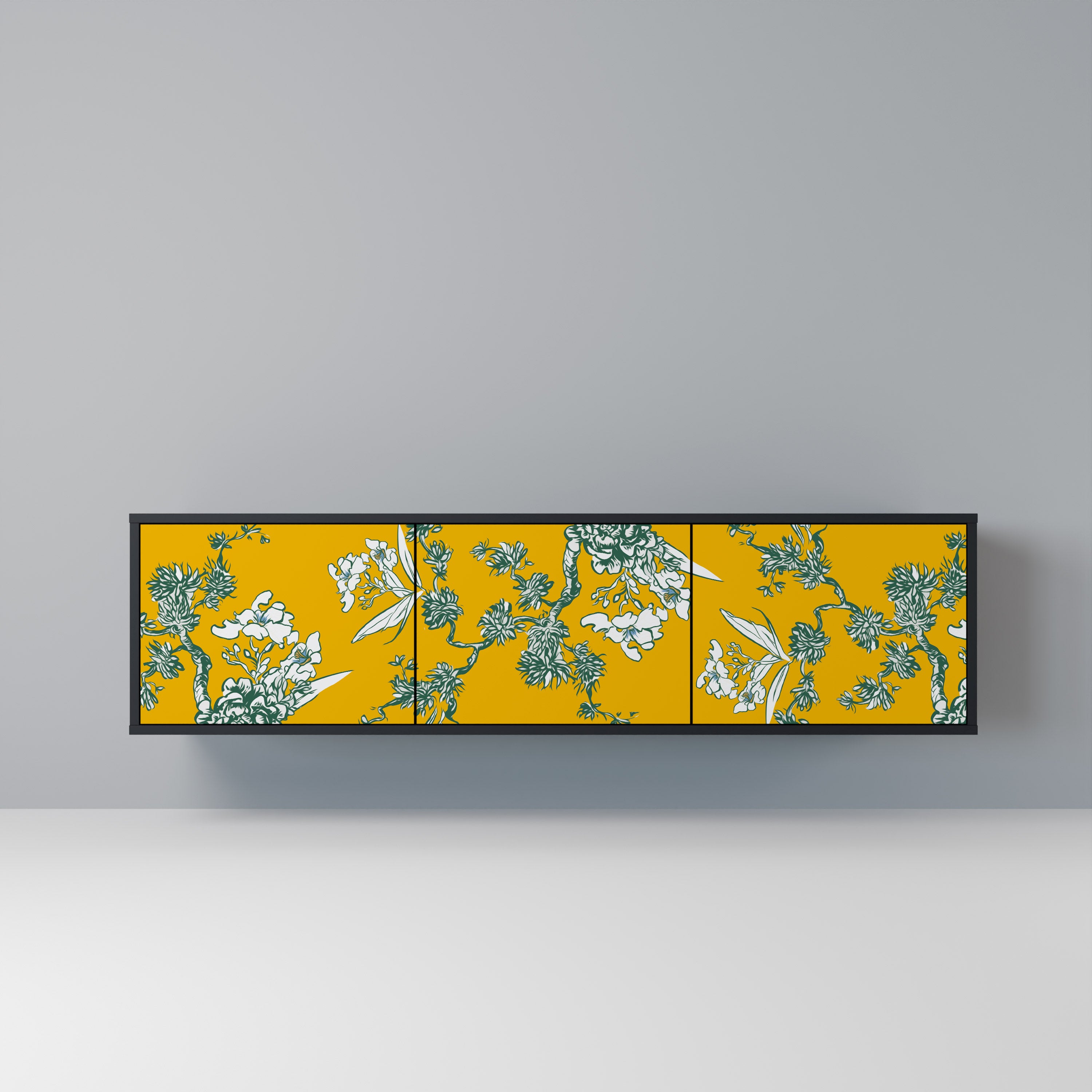 YELLOW CHINOISERIE 3-Door TV Stand in Black Finish