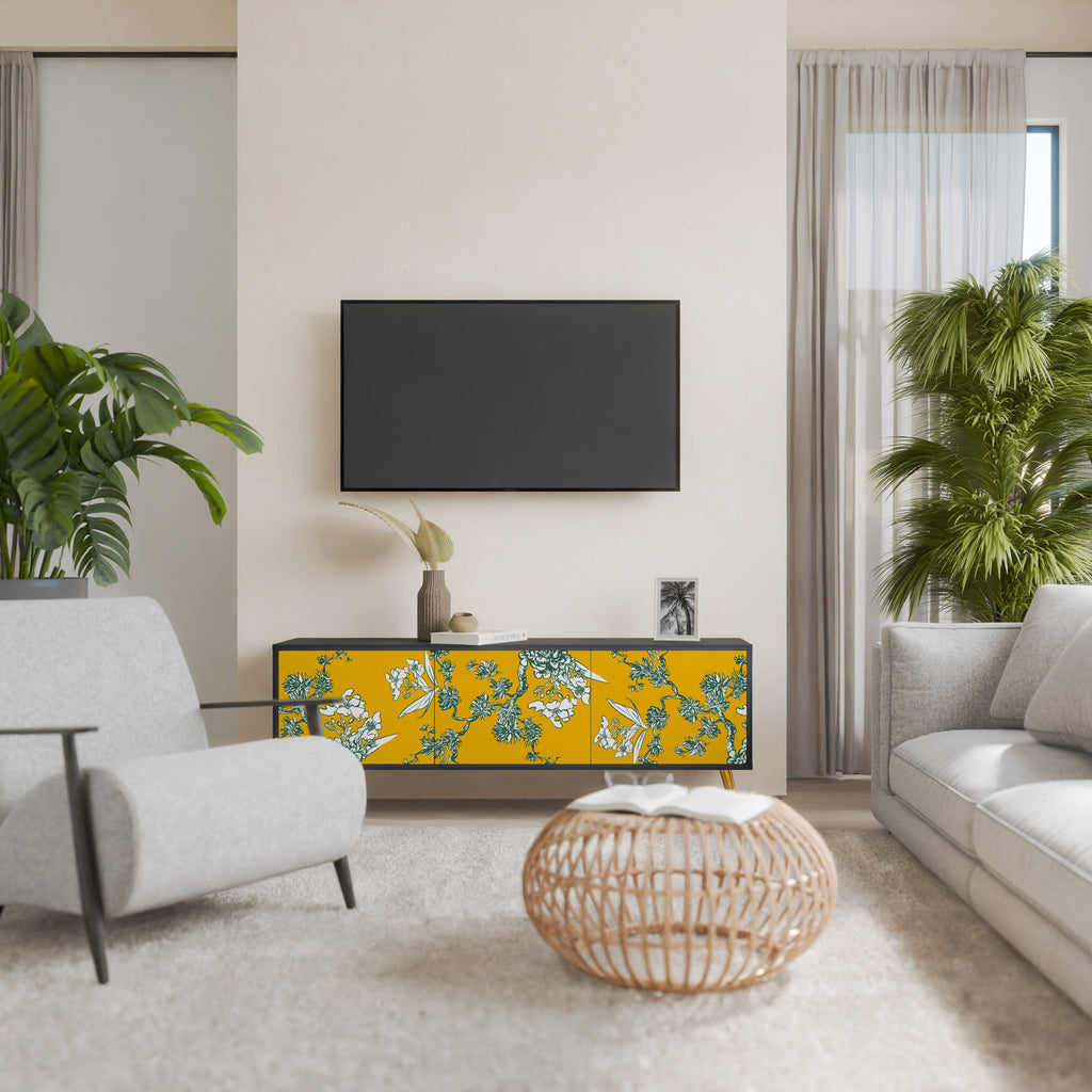 YELLOW CHINOISERIE 3-Door TV Stand in Black Finish