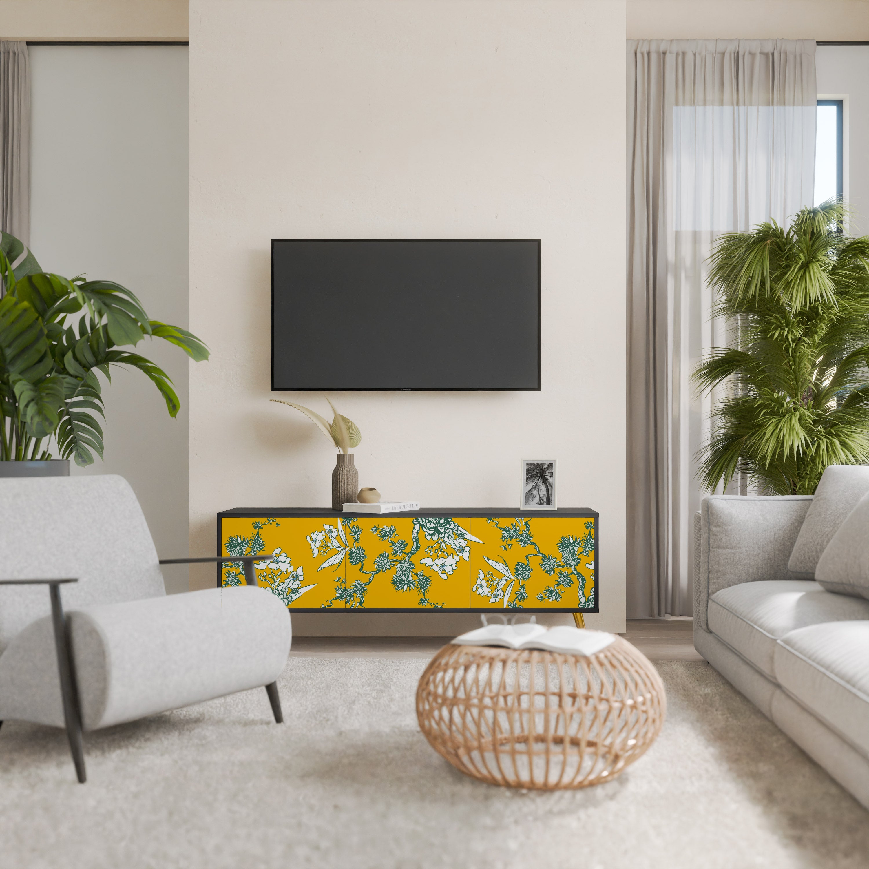 YELLOW CHINOISERIE 3-Door TV Stand in Black Finish