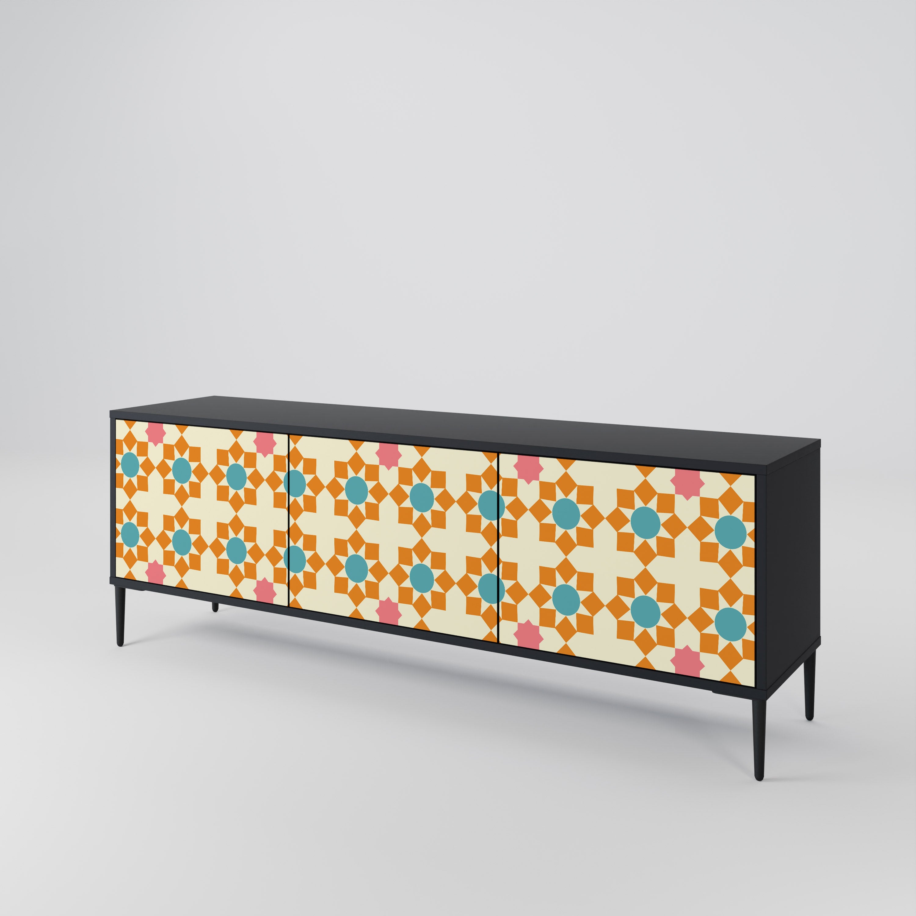 FLORAL DECOR 3-Door TV Stand in Black Finish