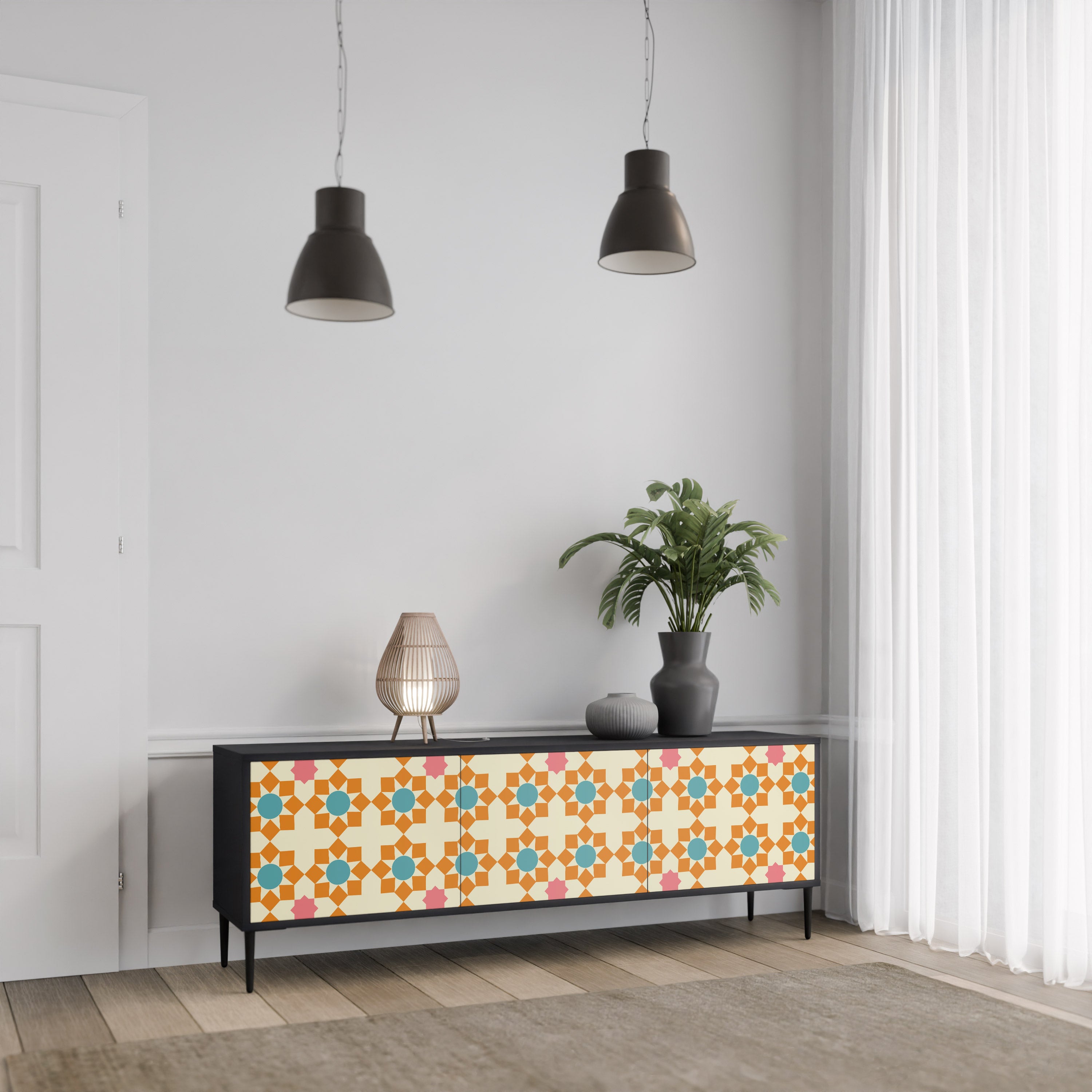 FLORAL DECOR 3-Door TV Stand in Black Finish