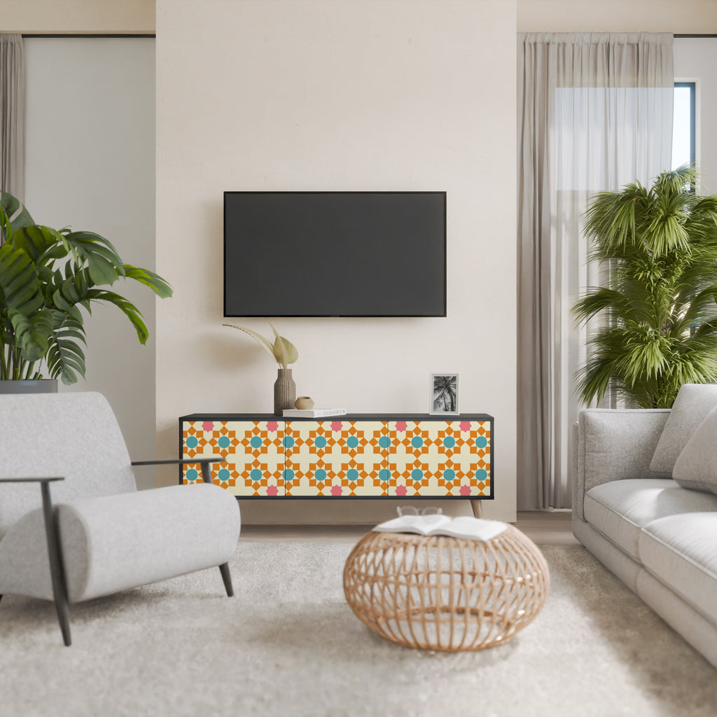 FLORAL DECOR 3-Door TV Stand in Black Finish