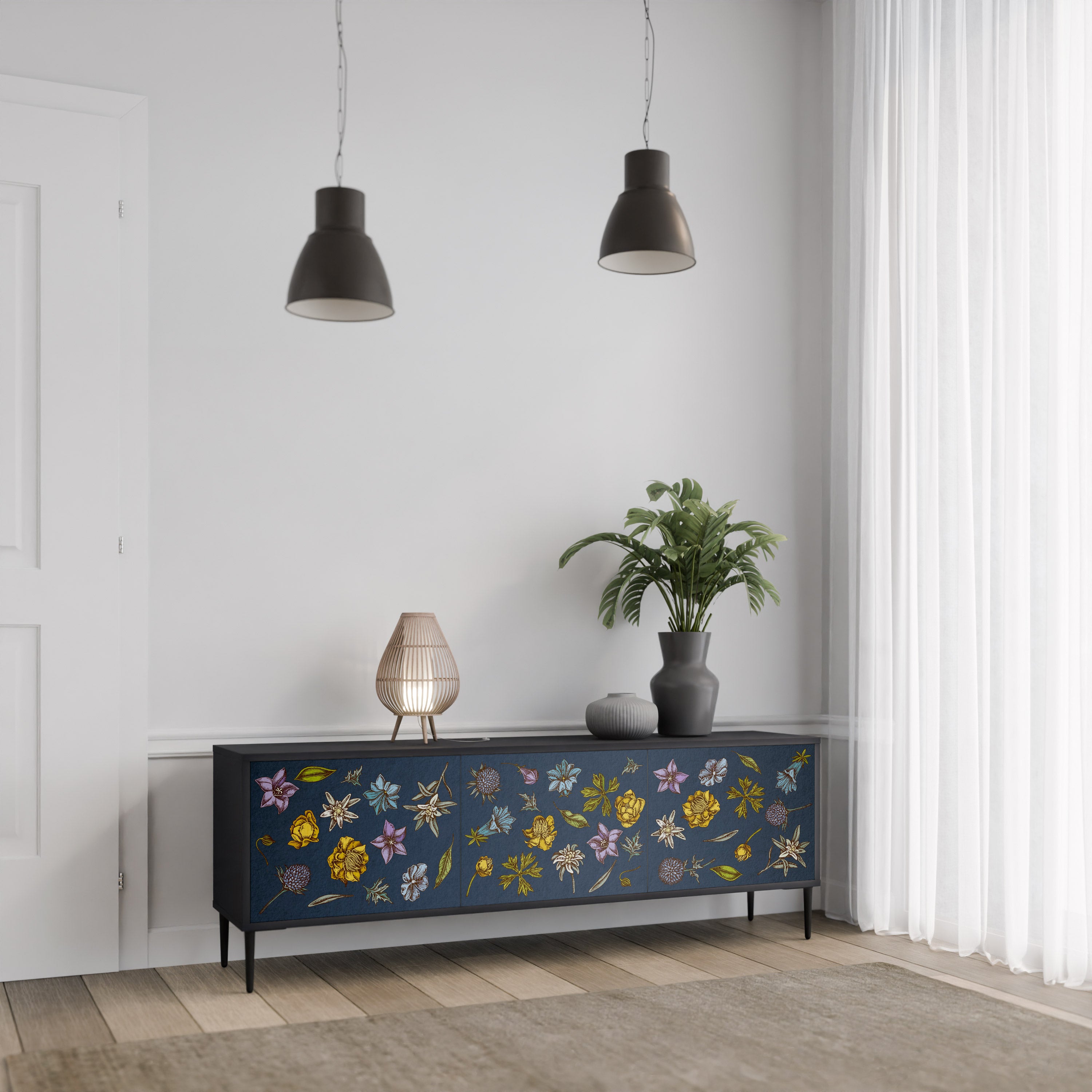 FLOWERS ON NAVY BLUE 3-Door TV Stand in Black Finish