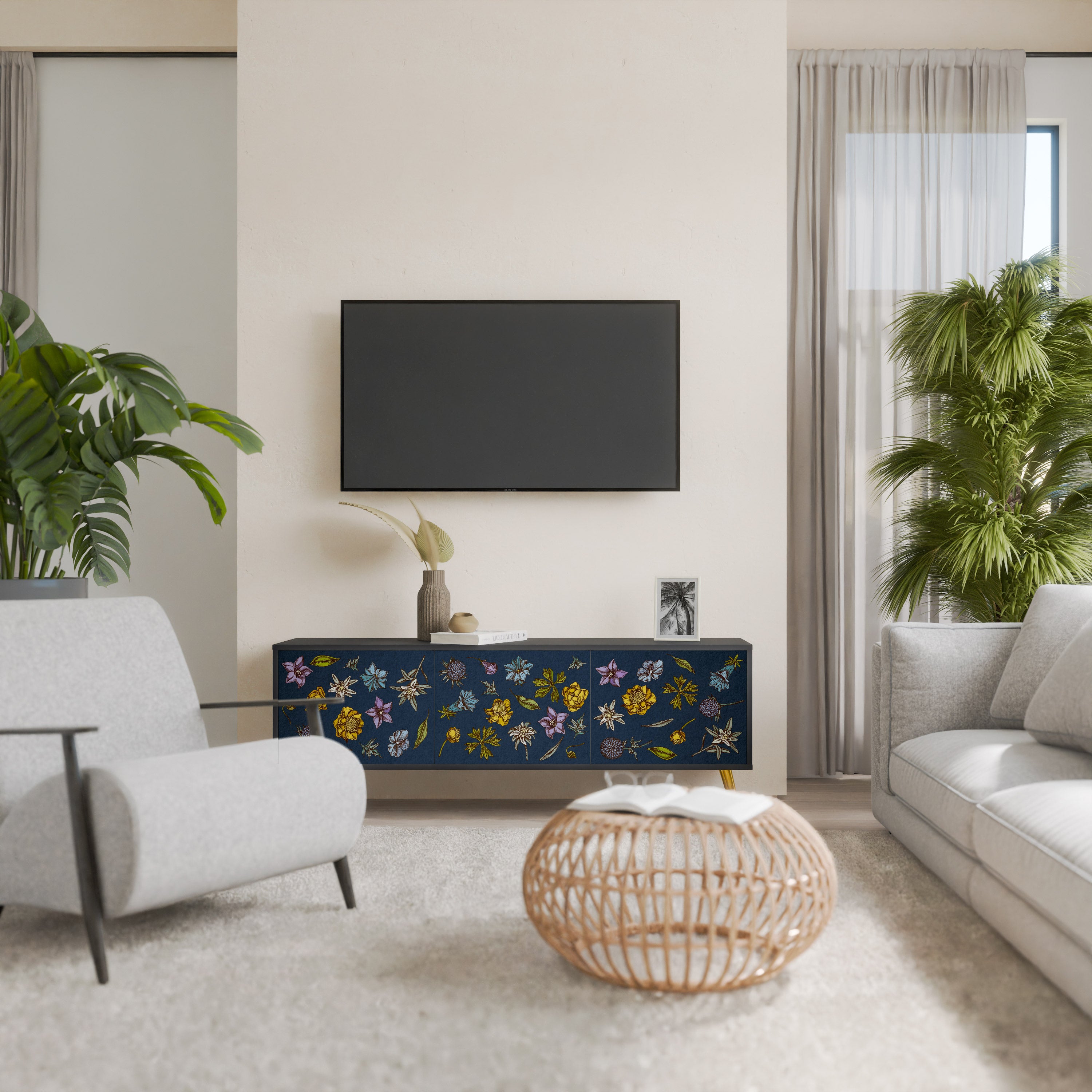 FLOWERS ON NAVY BLUE 3-Door TV Stand in Black Finish
