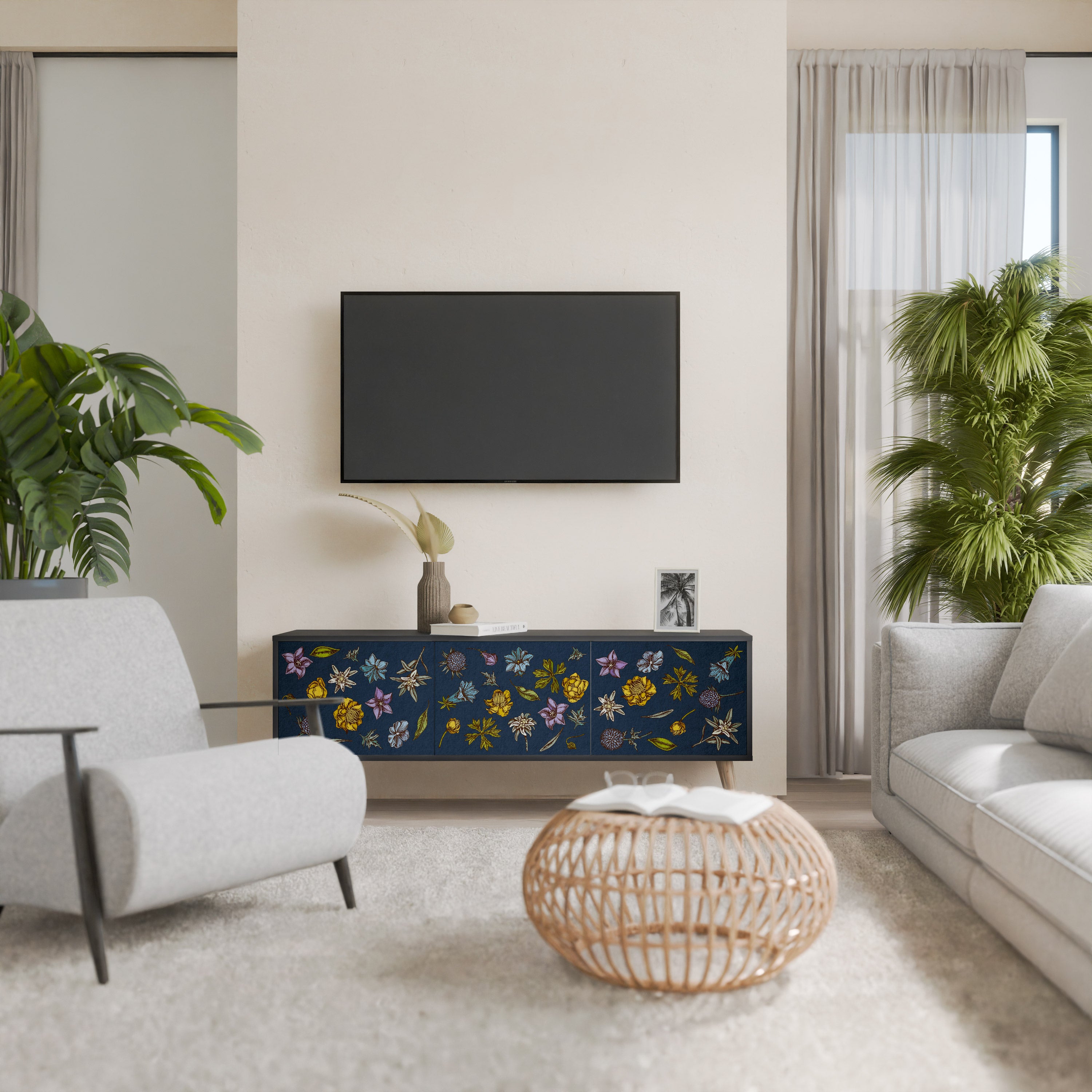 FLOWERS ON NAVY BLUE 3-Door TV Stand in Black Finish