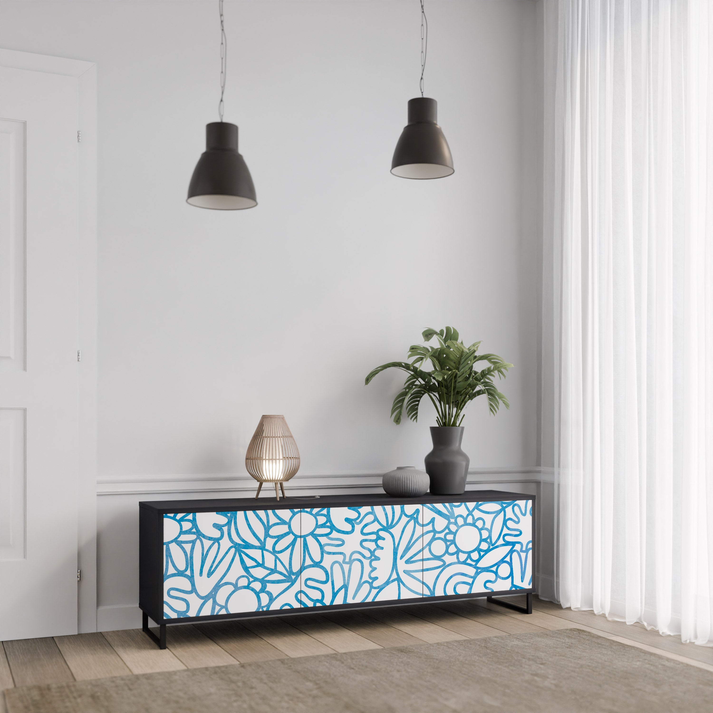 BLOOMY MORNING 3-Door TV Stand in Black Finish