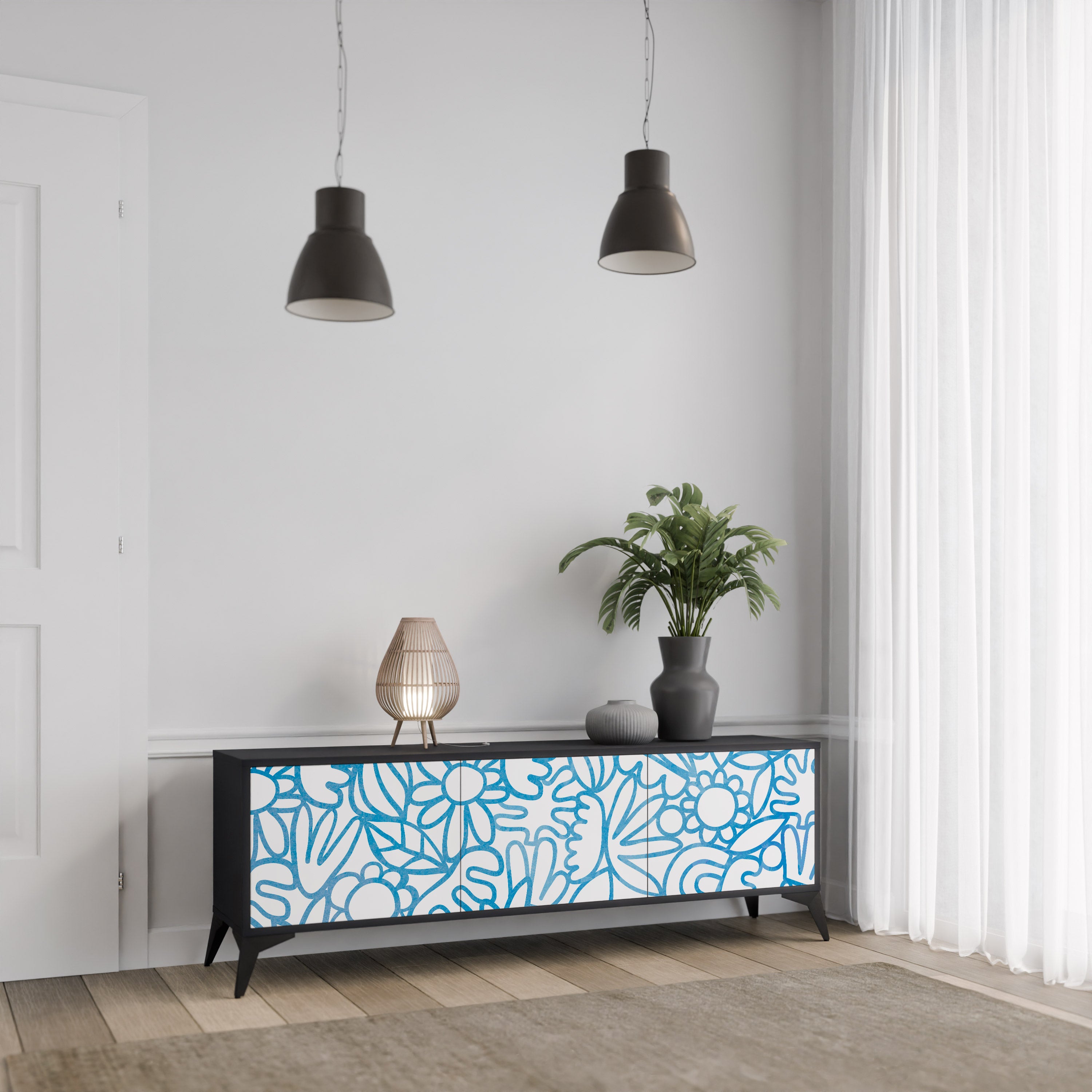 BLOOMY MORNING 3-Door TV Stand in Black Finish