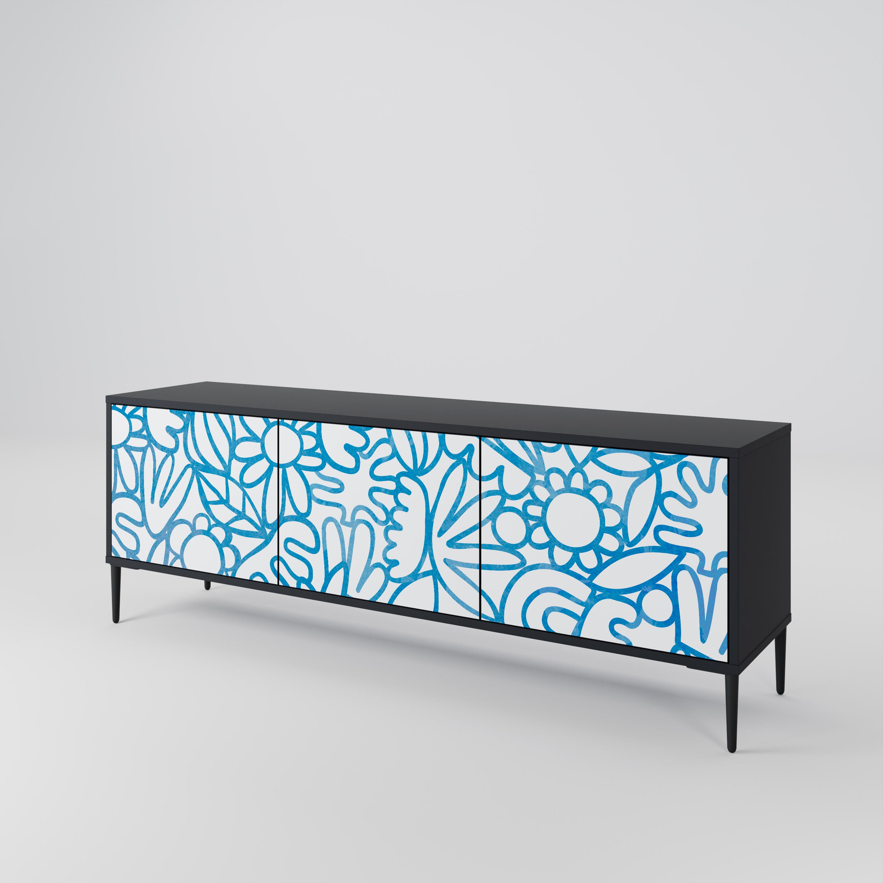 BLOOMY MORNING 3-Door TV Stand in Black Finish