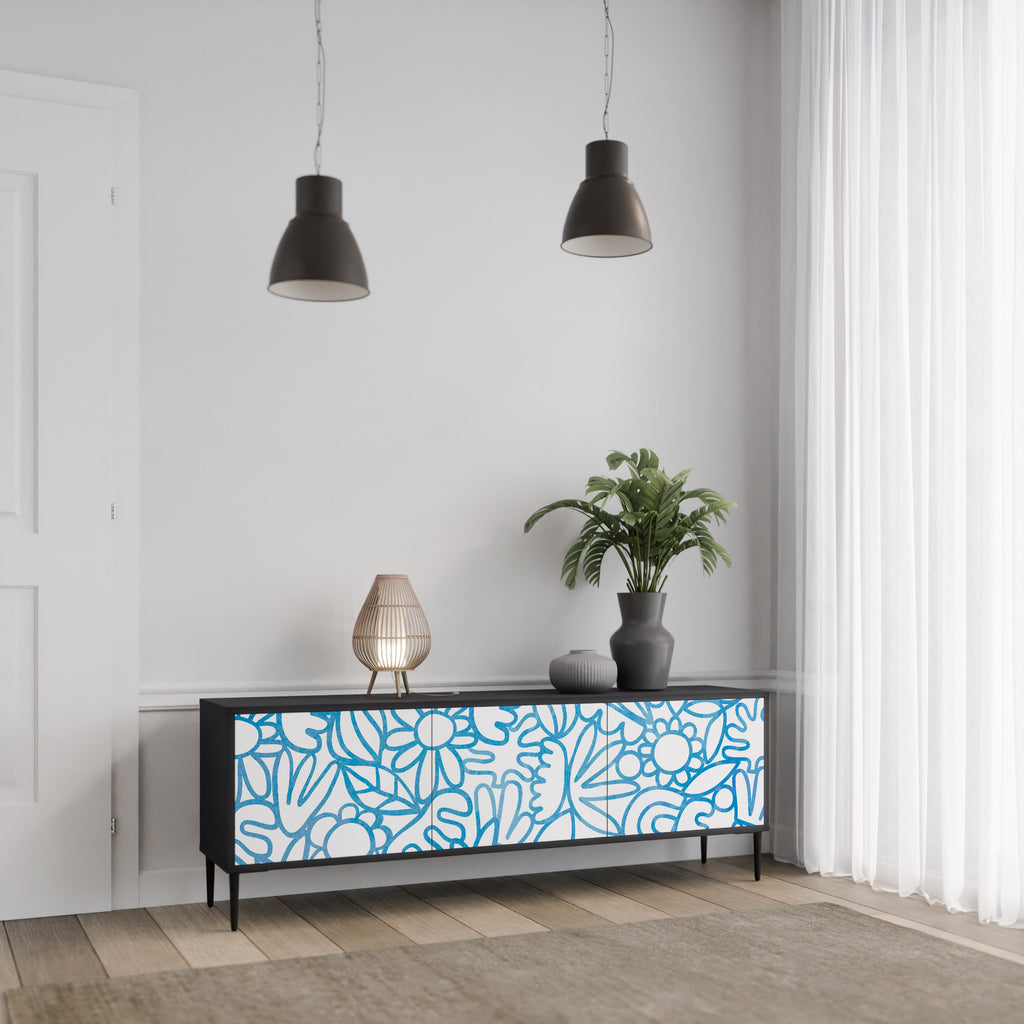 BLOOMY MORNING 3-Door TV Stand in Black Finish