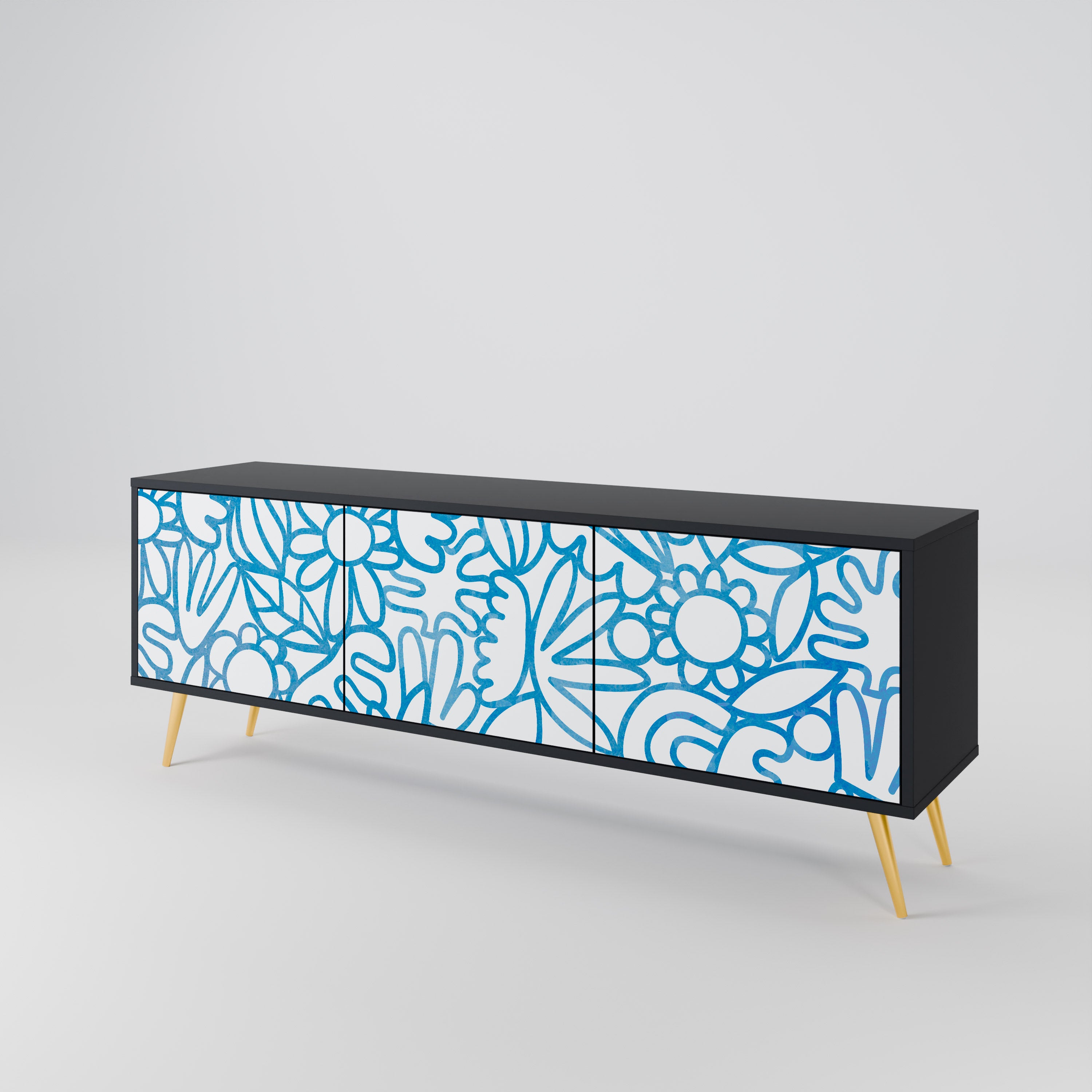 BLOOMY MORNING 3-Door TV Stand in Black Finish