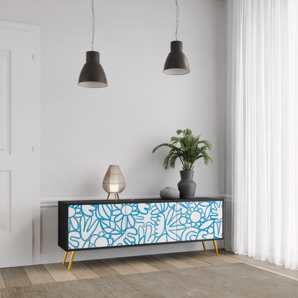 BLOOMY MORNING 3-Door TV Stand in Black Finish