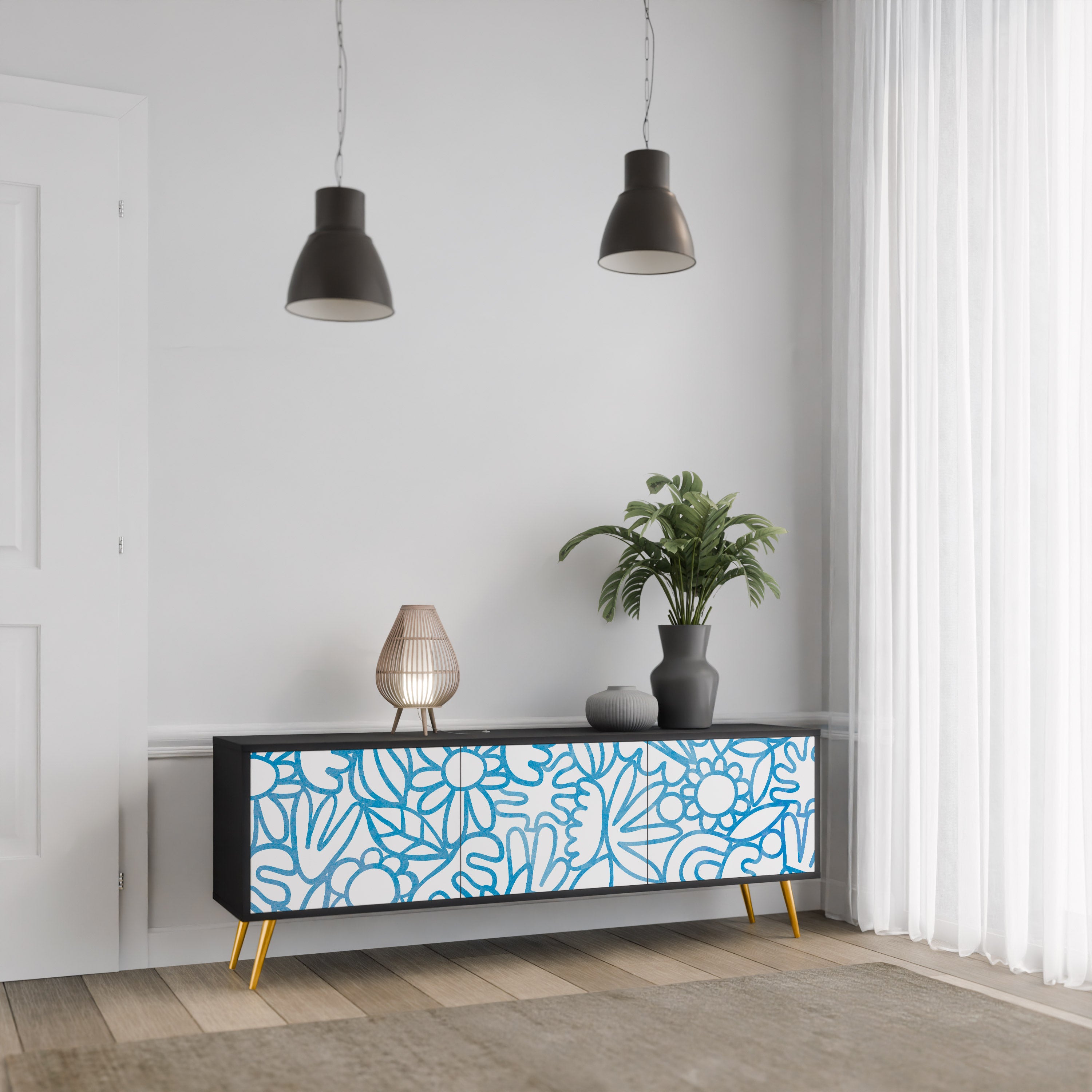 BLOOMY MORNING 3-Door TV Stand in Black Finish