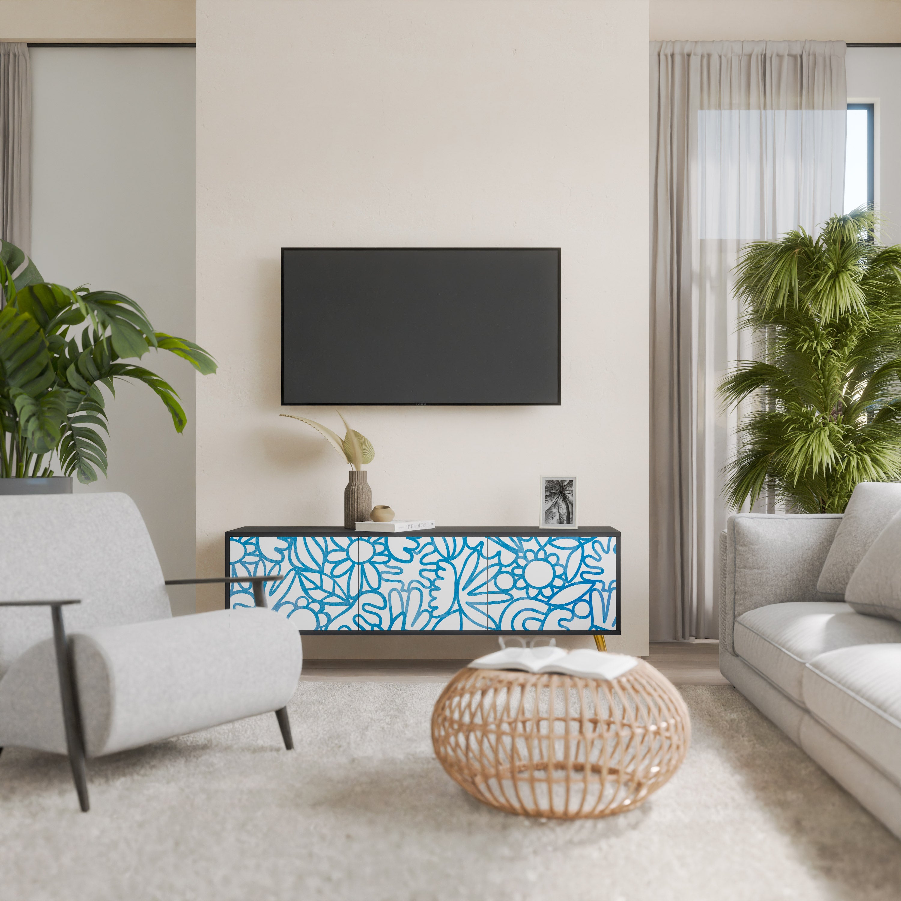 BLOOMY MORNING 3-Door TV Stand in Black Finish