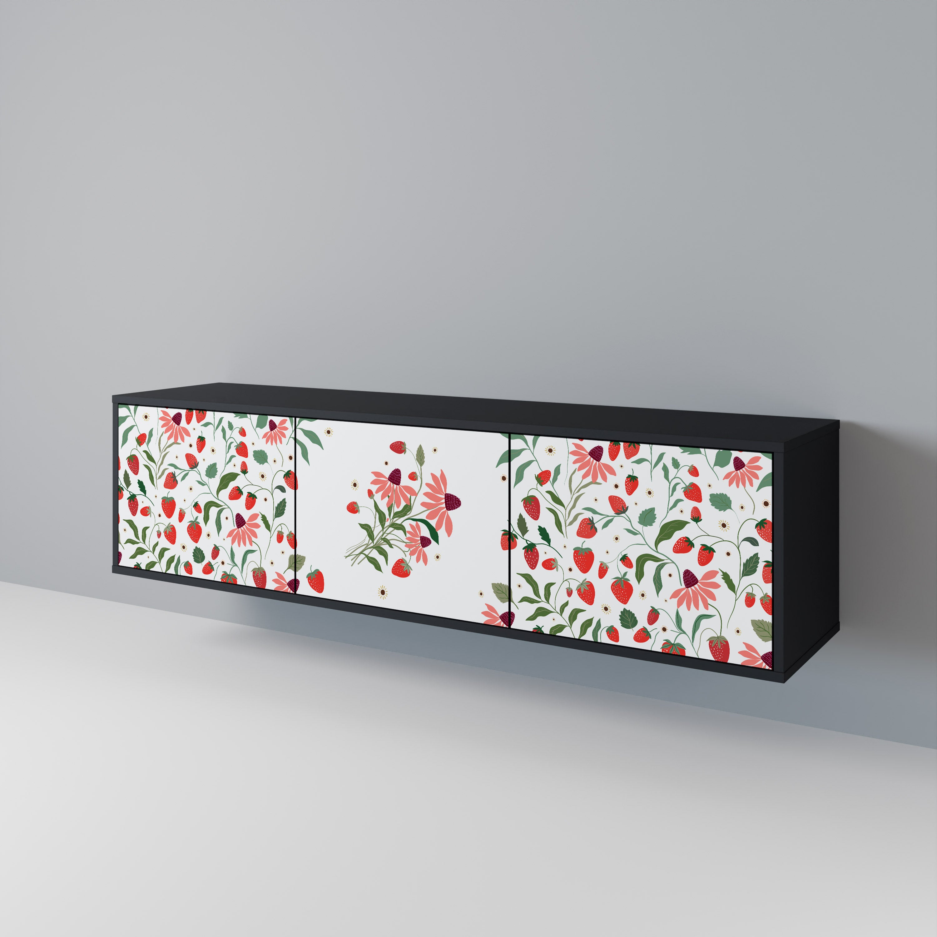 FLOWERS AND STRAWBERRIES 3-Door TV Stand in Black Finish
