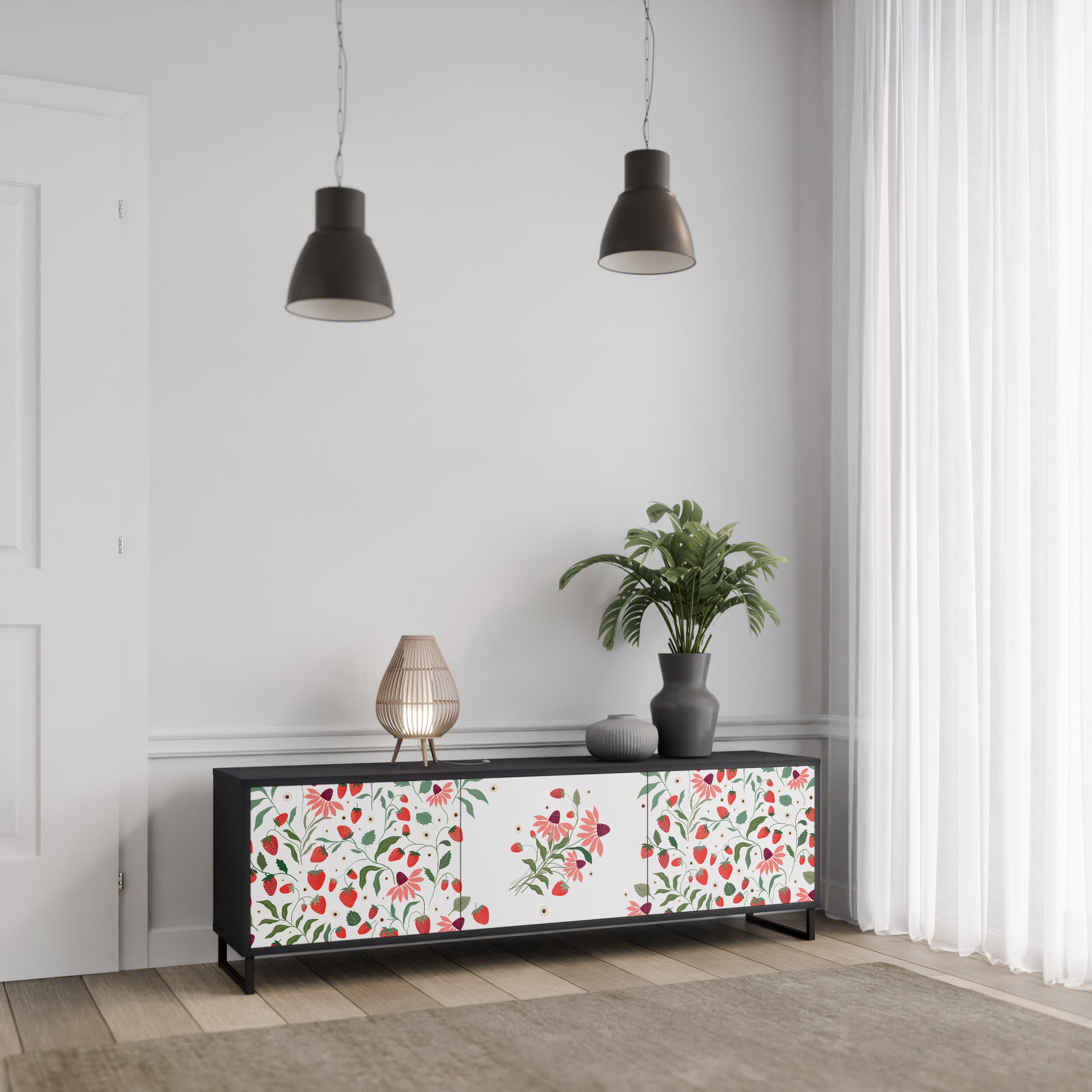 FLOWERS AND STRAWBERRIES 3-Door TV Stand in Black Finish