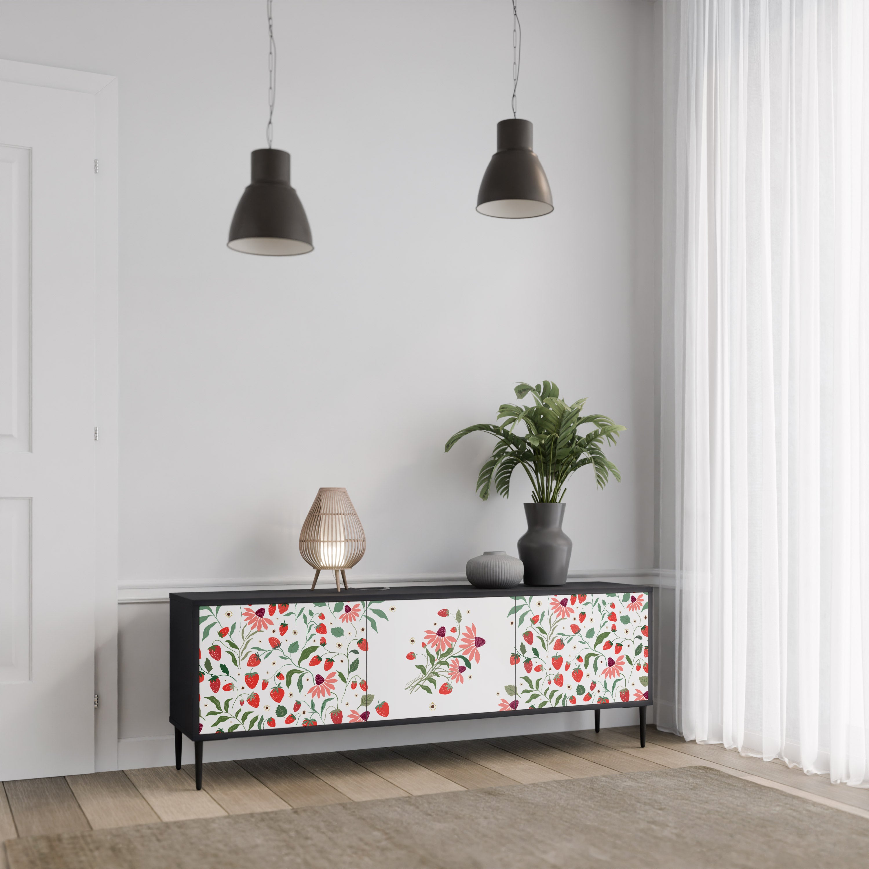 FLOWERS AND STRAWBERRIES 3-Door TV Stand in Black Finish