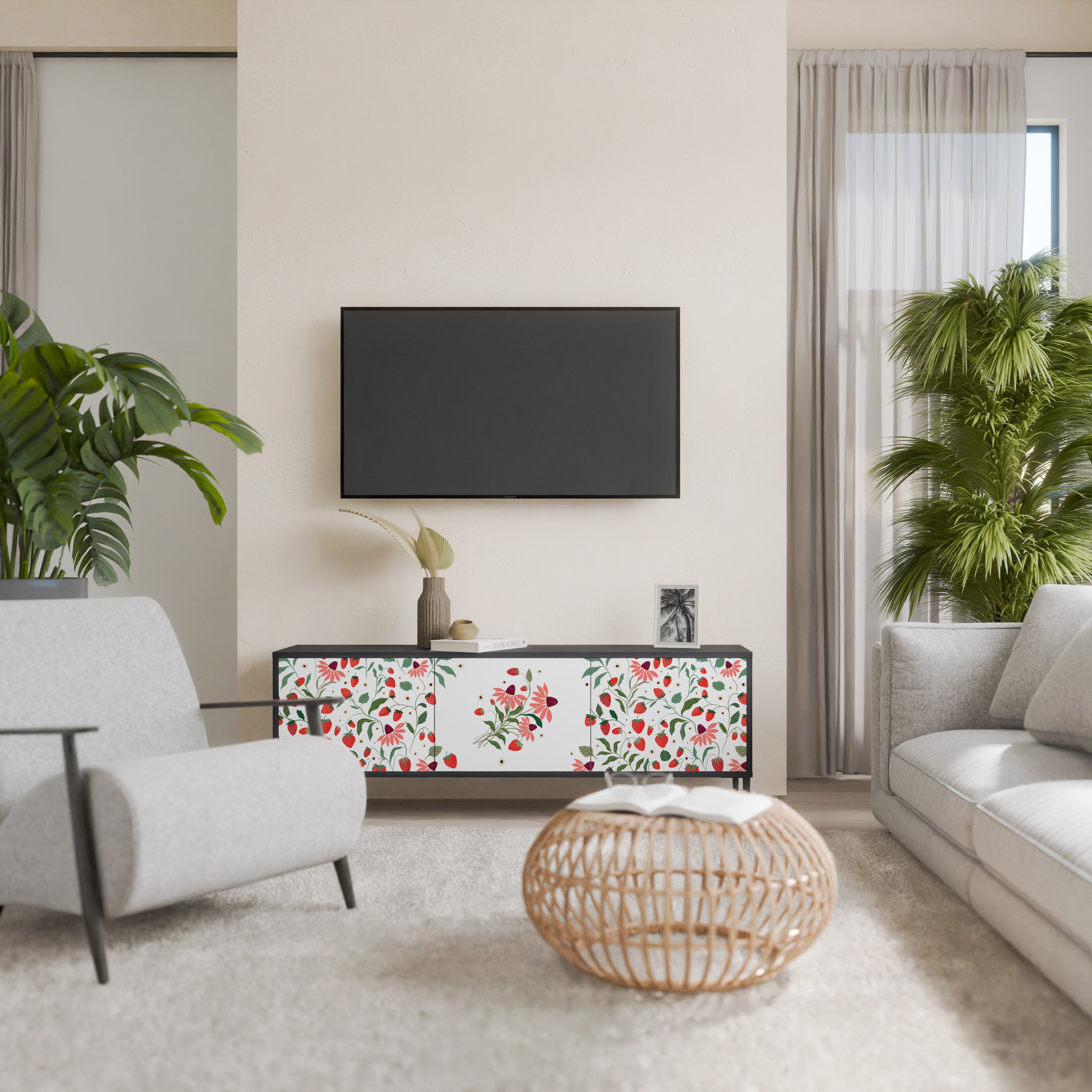FLOWERS AND STRAWBERRIES 3-Door TV Stand in Black Finish