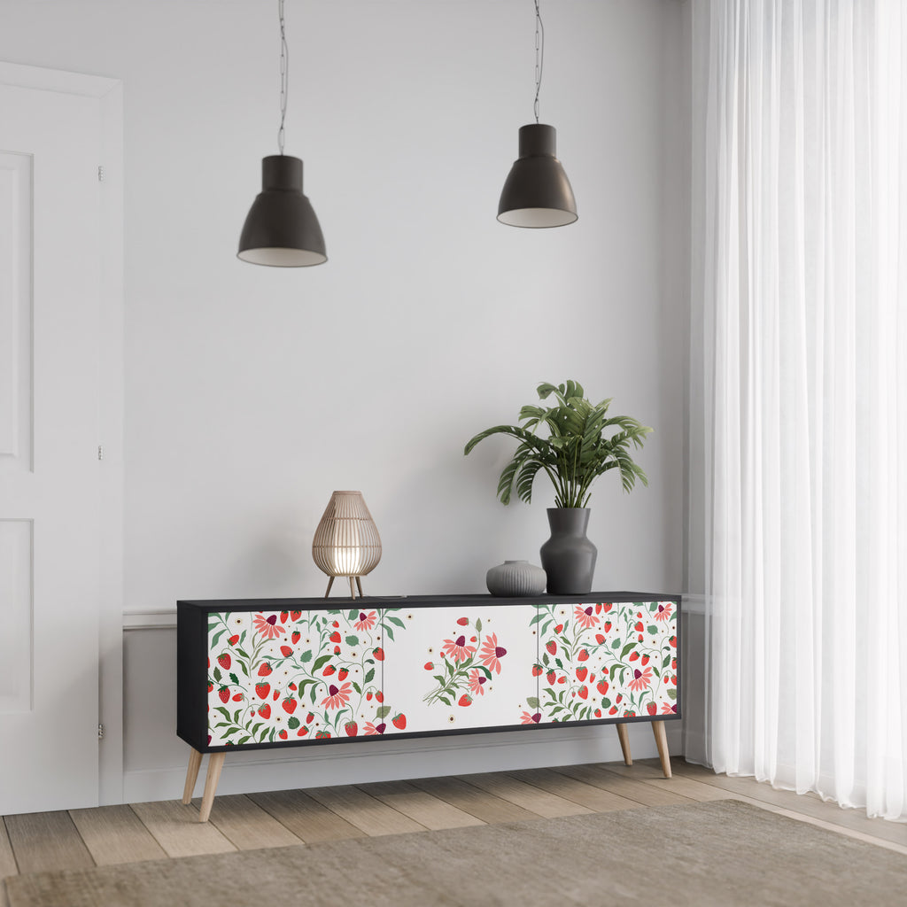 FLOWERS AND STRAWBERRIES 3-Door TV Stand in Black Finish