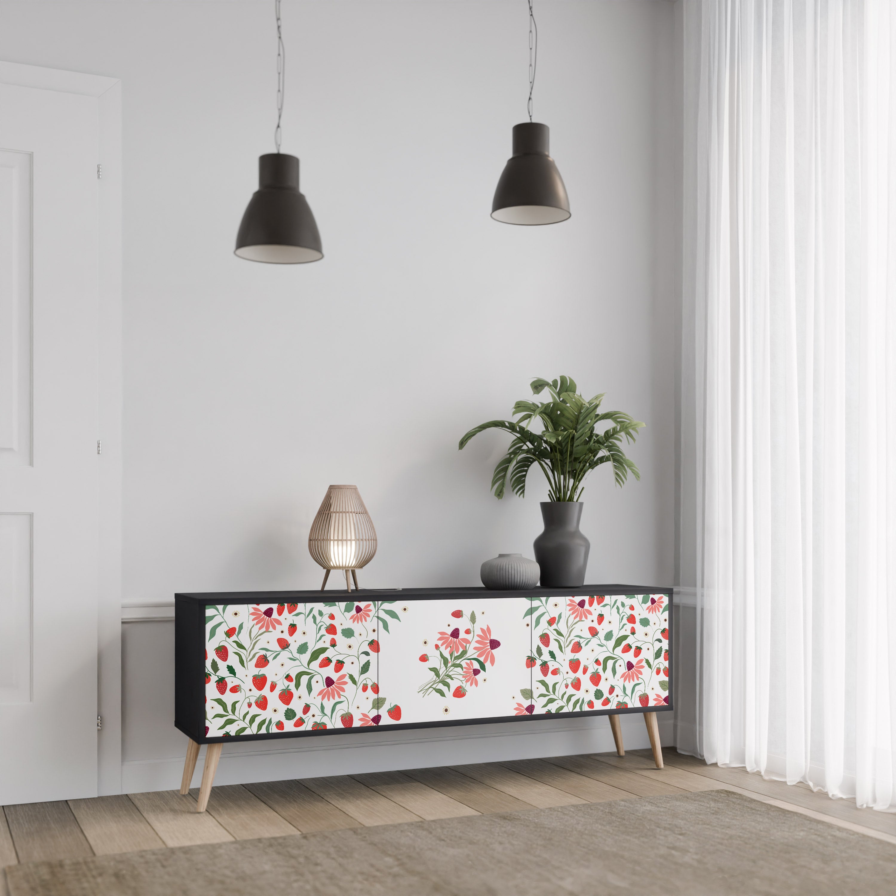 FLOWERS AND STRAWBERRIES 3-Door TV Stand in Black Finish