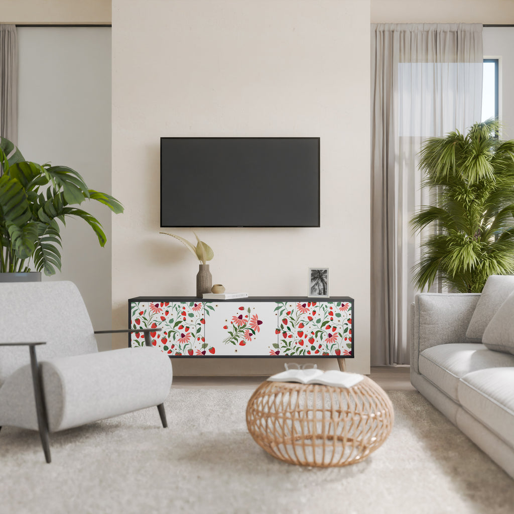 FLOWERS AND STRAWBERRIES 3-Door TV Stand in Black Finish