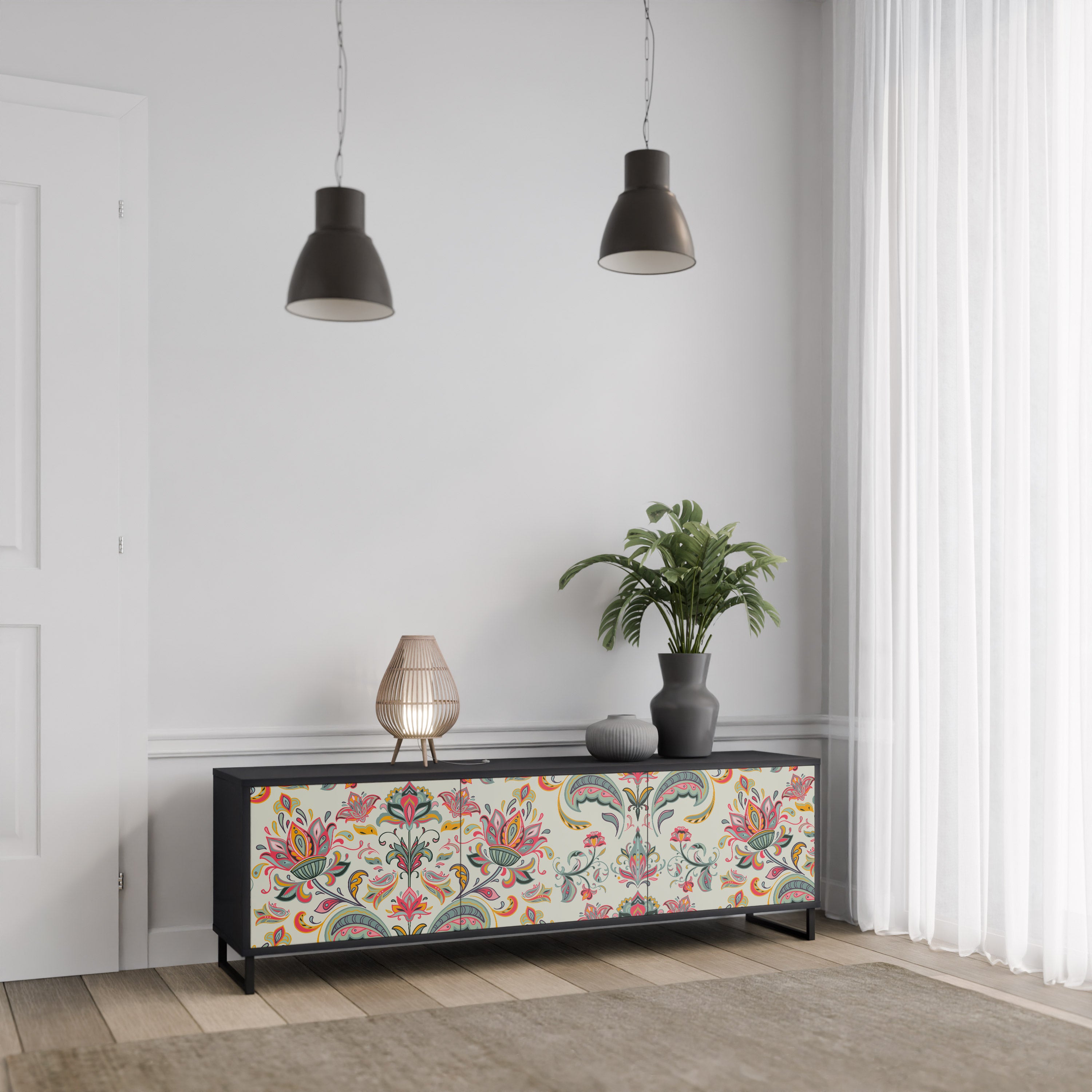 ORGANIC FOLKLORE 3-Door TV Stand in Black Finish