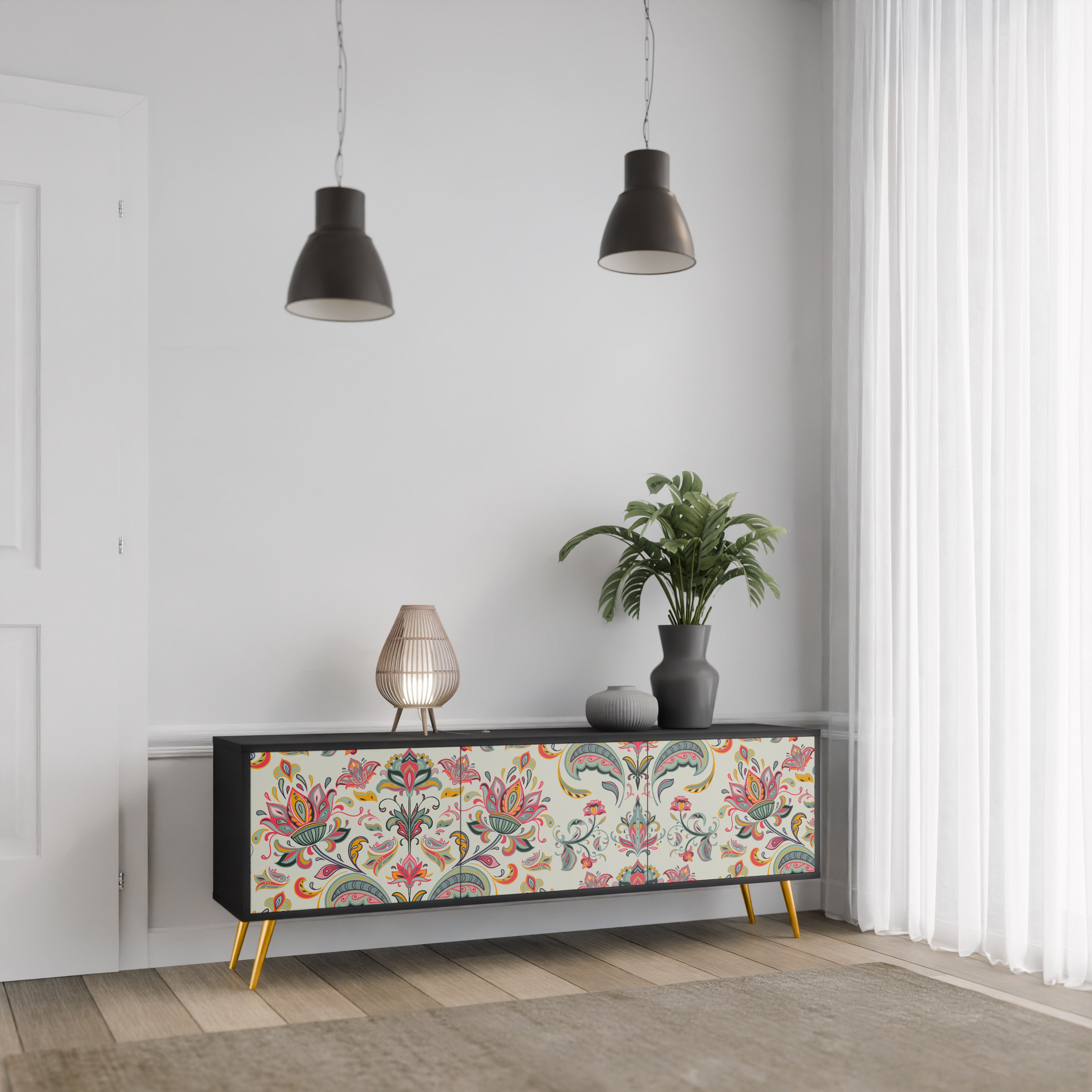 ORGANIC FOLKLORE 3-Door TV Stand in Black Finish