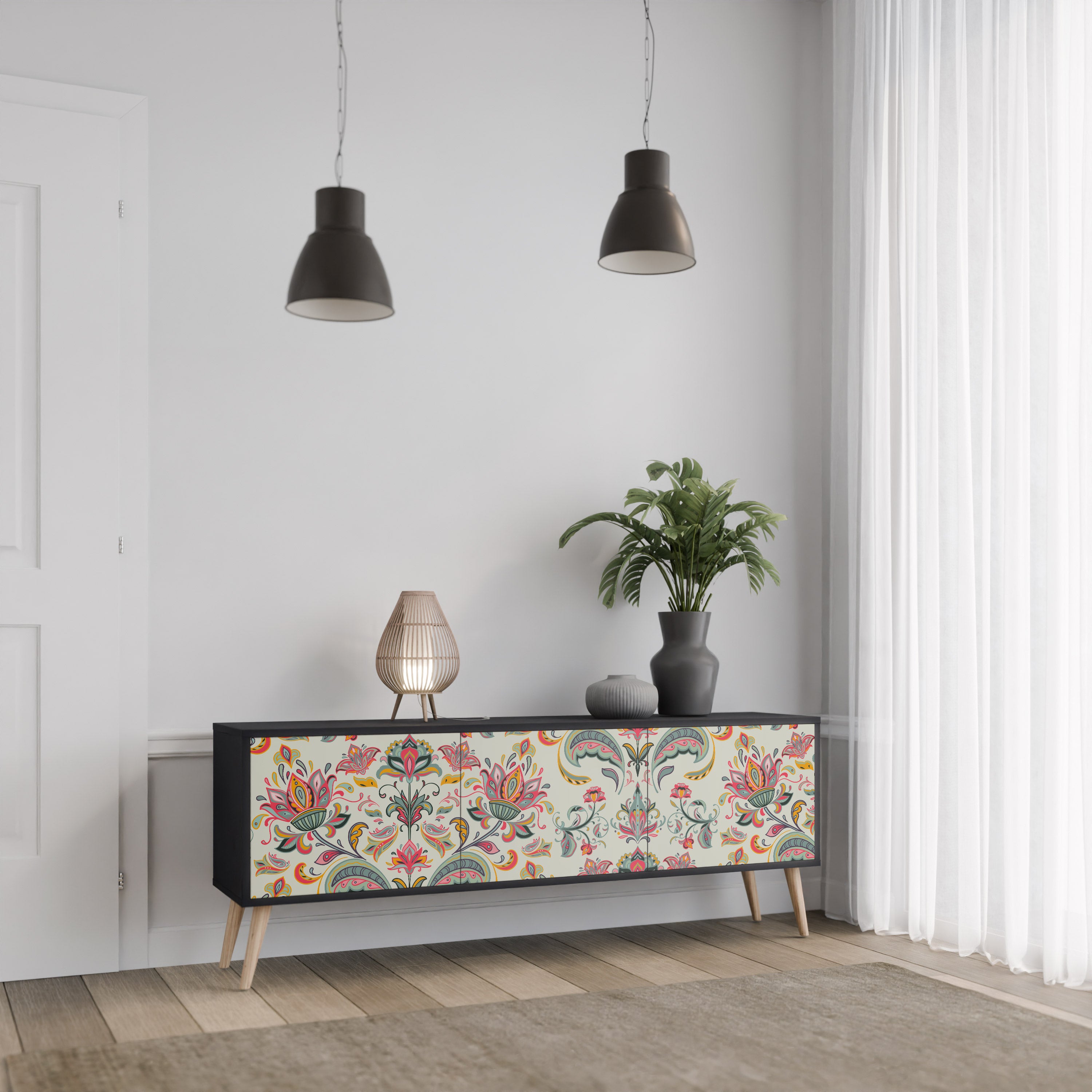 ORGANIC FOLKLORE 3-Door TV Stand in Black Finish