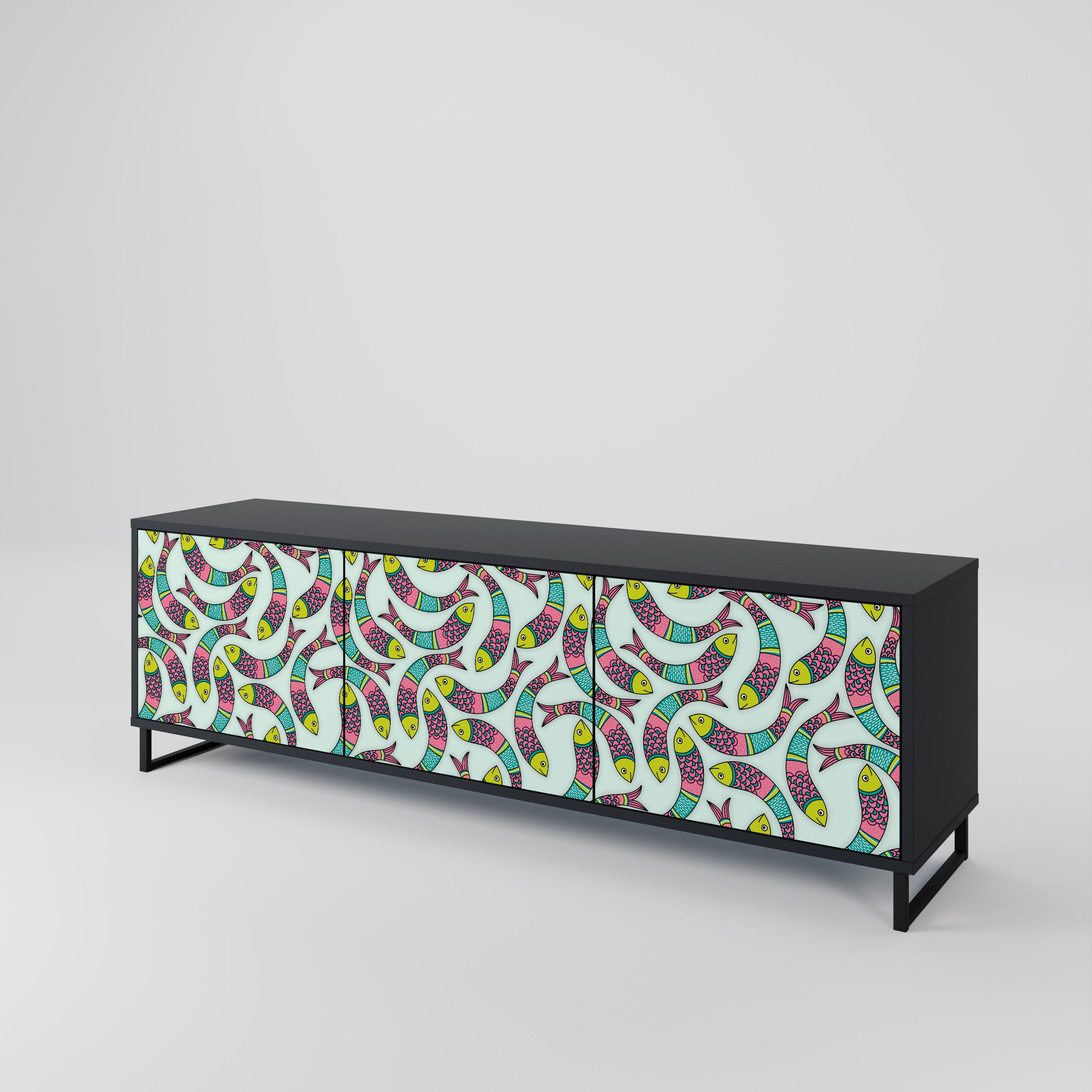 INDIAN FISH 3-Door TV Stand in Black Finish