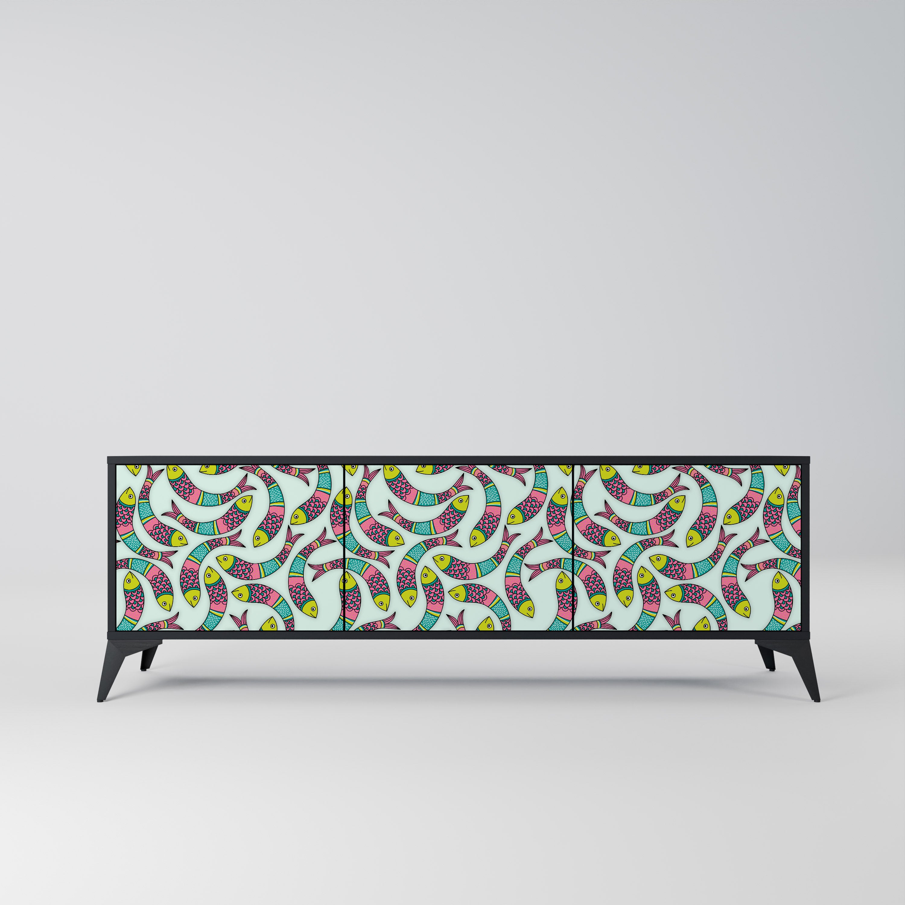 INDIAN FISH 3-Door TV Stand in Black Finish