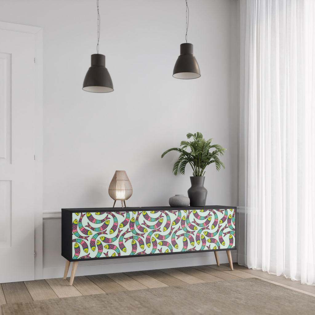 INDIAN FISH 3-Door TV Stand in Black Finish