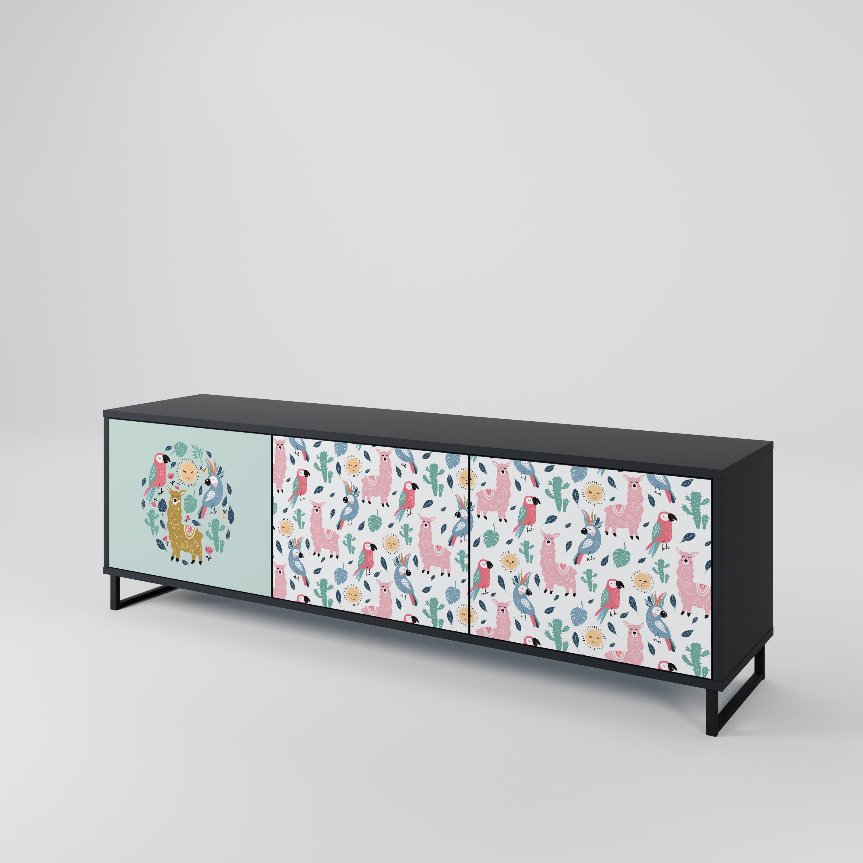 COLORFUL ALPACAS 3-Door TV Stand in Black Finish