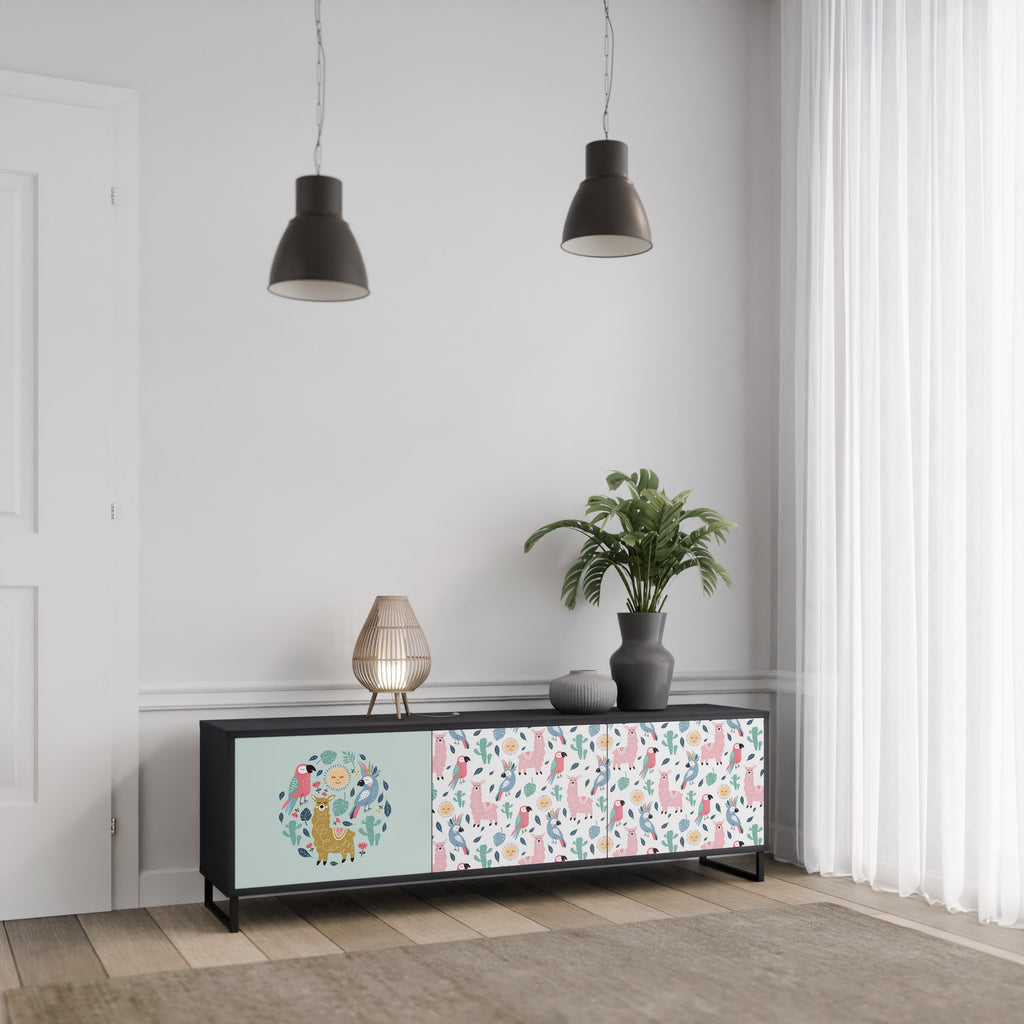 COLORFUL ALPACAS 3-Door TV Stand in Black Finish