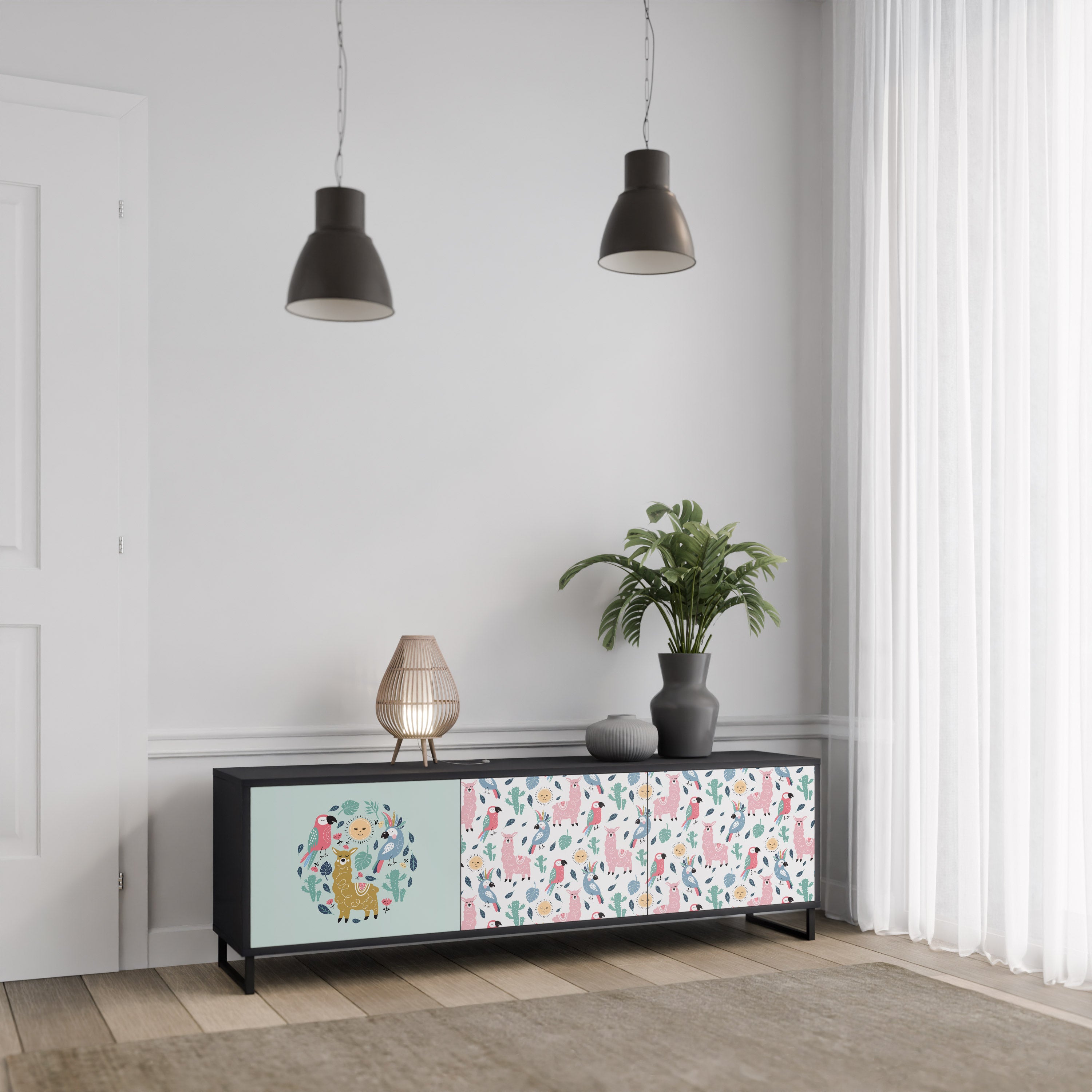 COLORFUL ALPACAS 3-Door TV Stand in Black Finish
