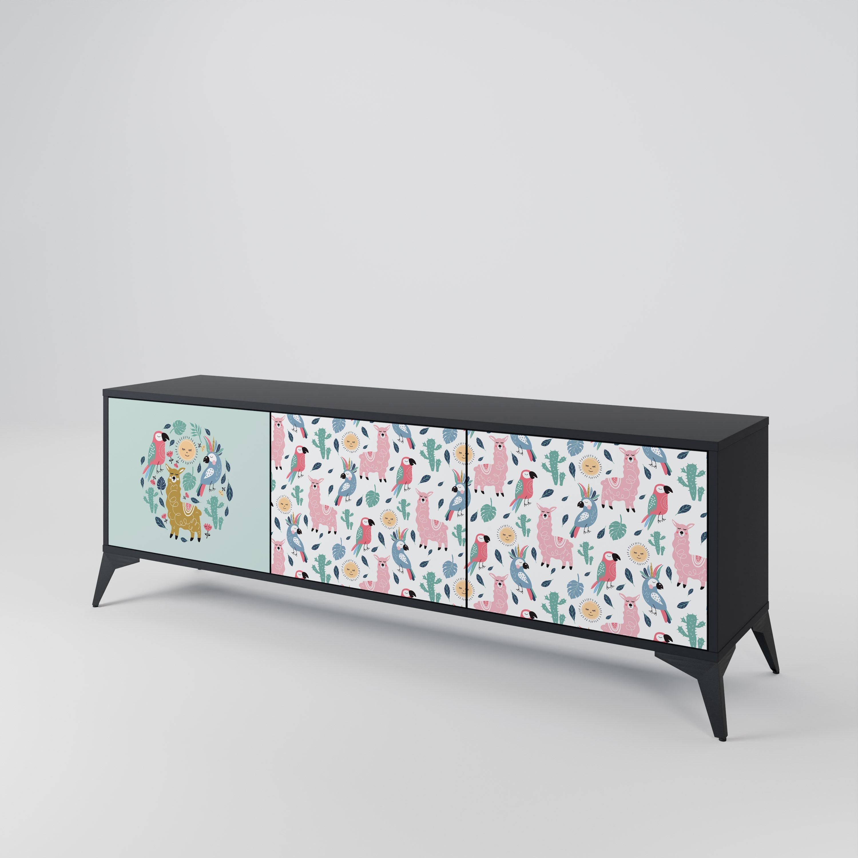 COLORFUL ALPACAS 3-Door TV Stand in Black Finish