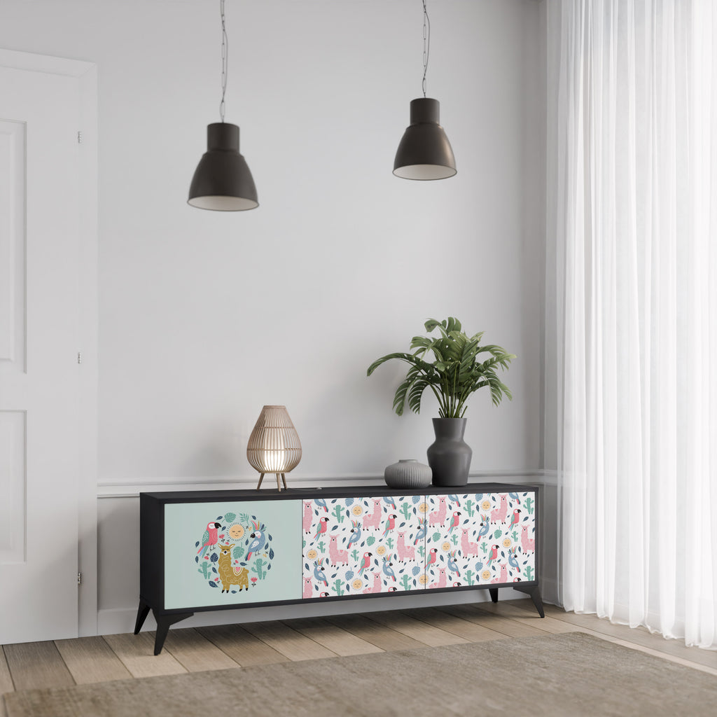 COLORFUL ALPACAS 3-Door TV Stand in Black Finish