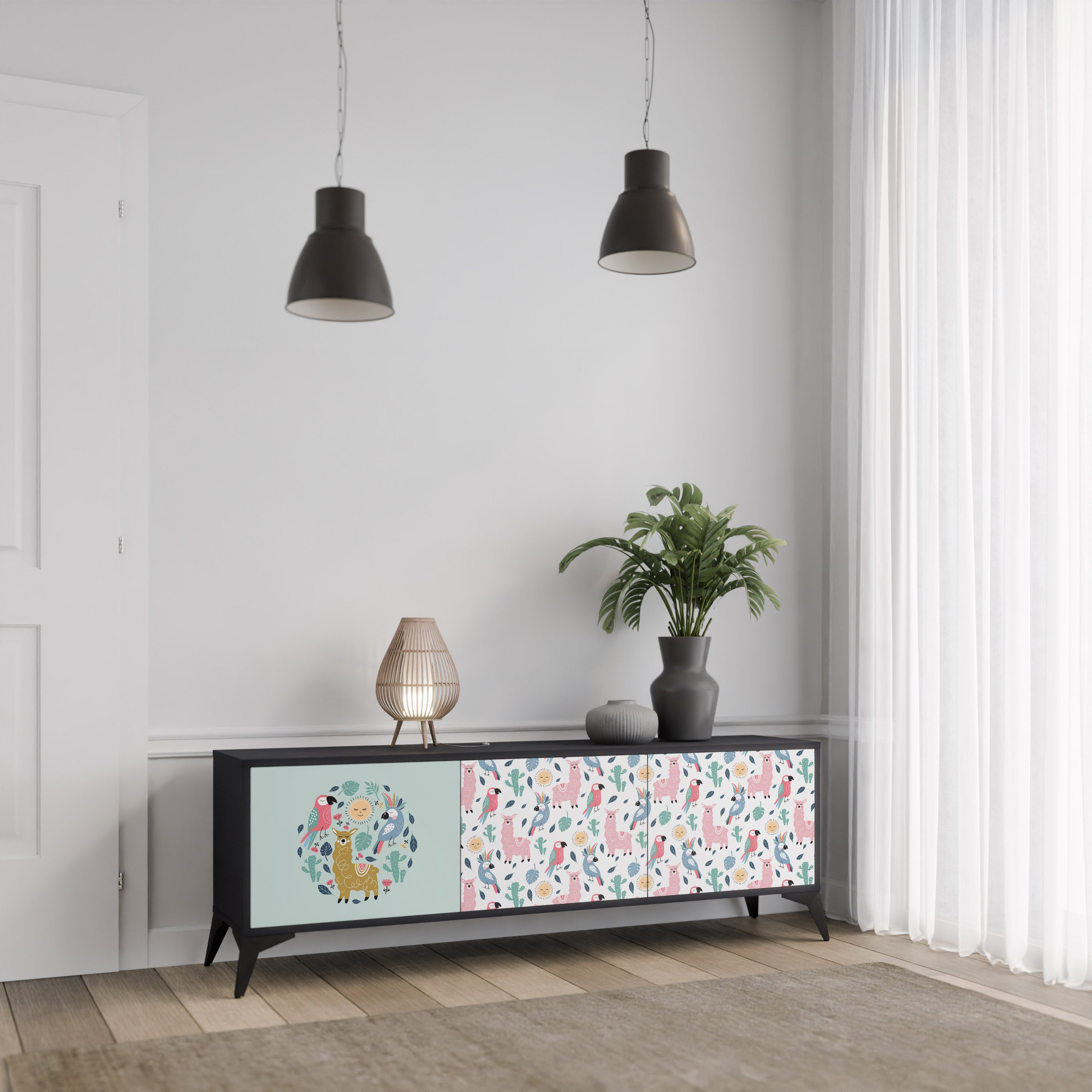 COLORFUL ALPACAS 3-Door TV Stand in Black Finish
