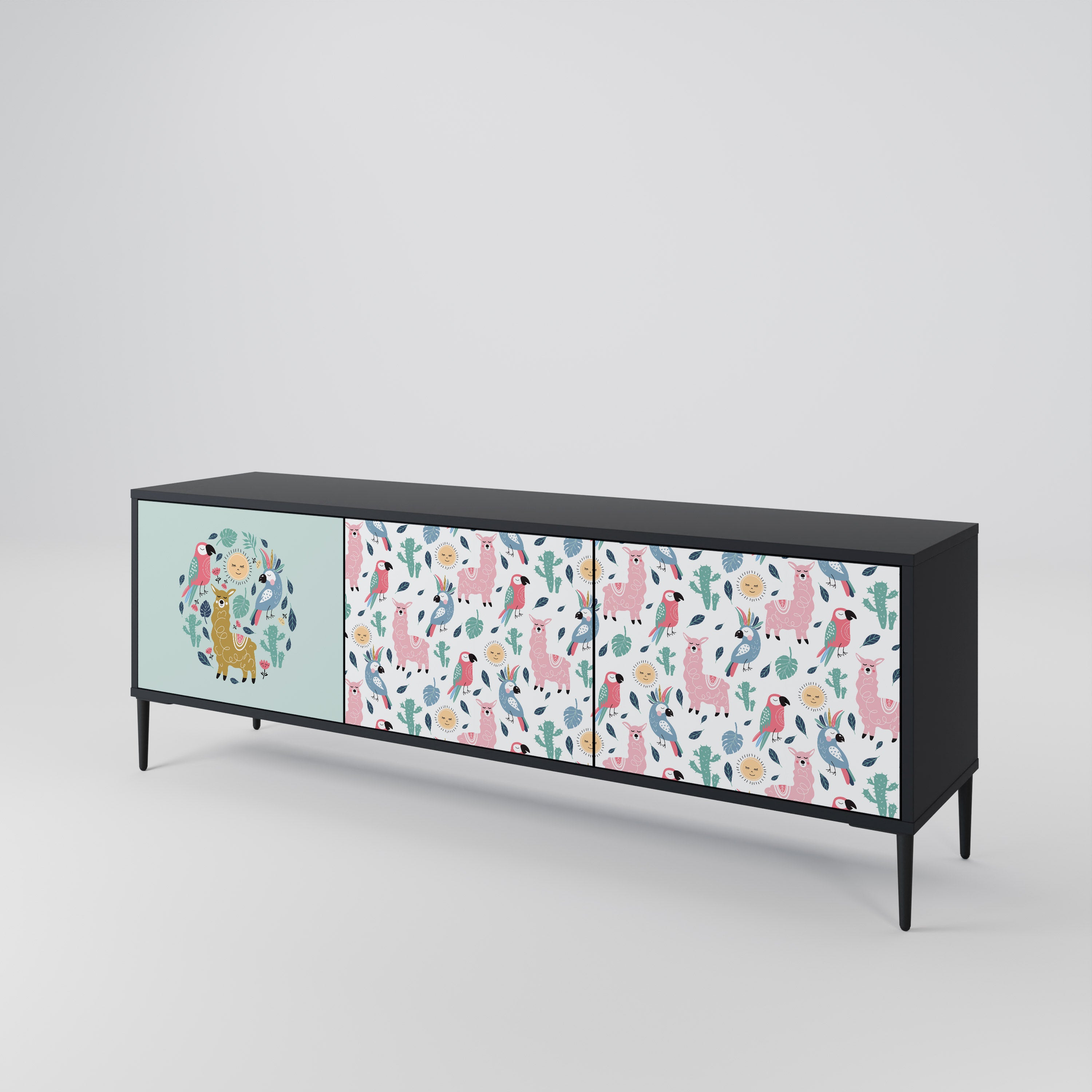 COLORFUL ALPACAS 3-Door TV Stand in Black Finish