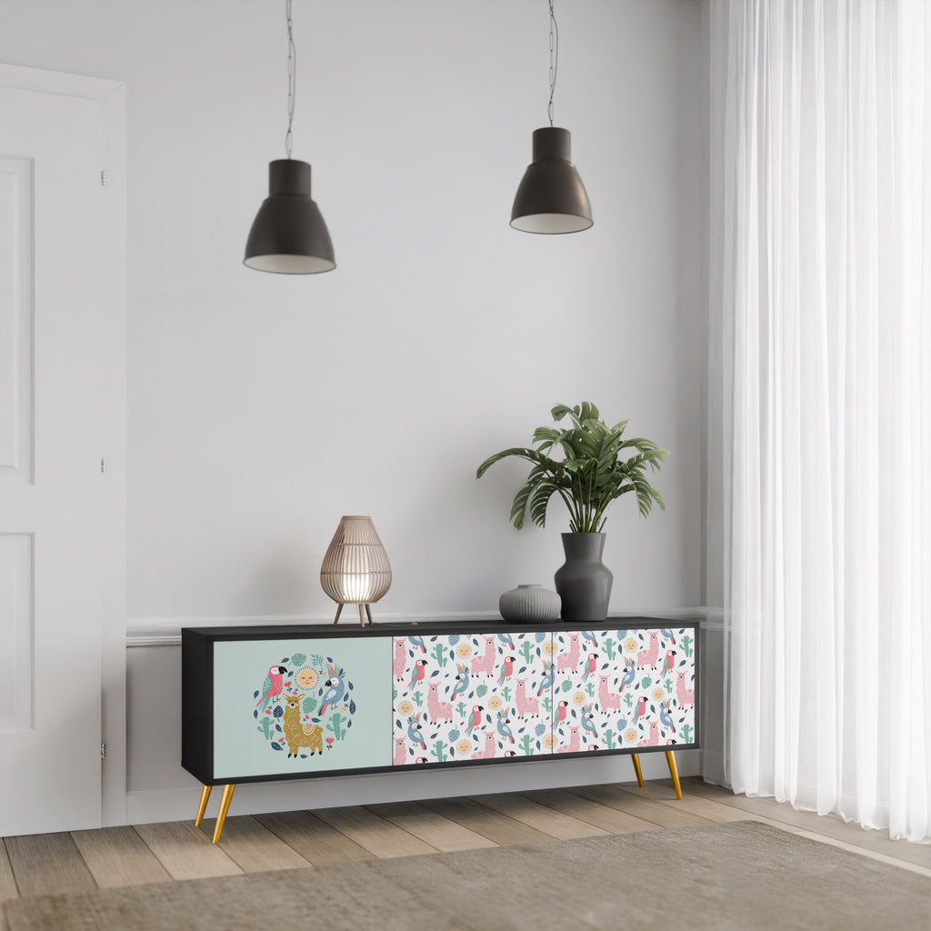 COLORFUL ALPACAS 3-Door TV Stand in Black Finish