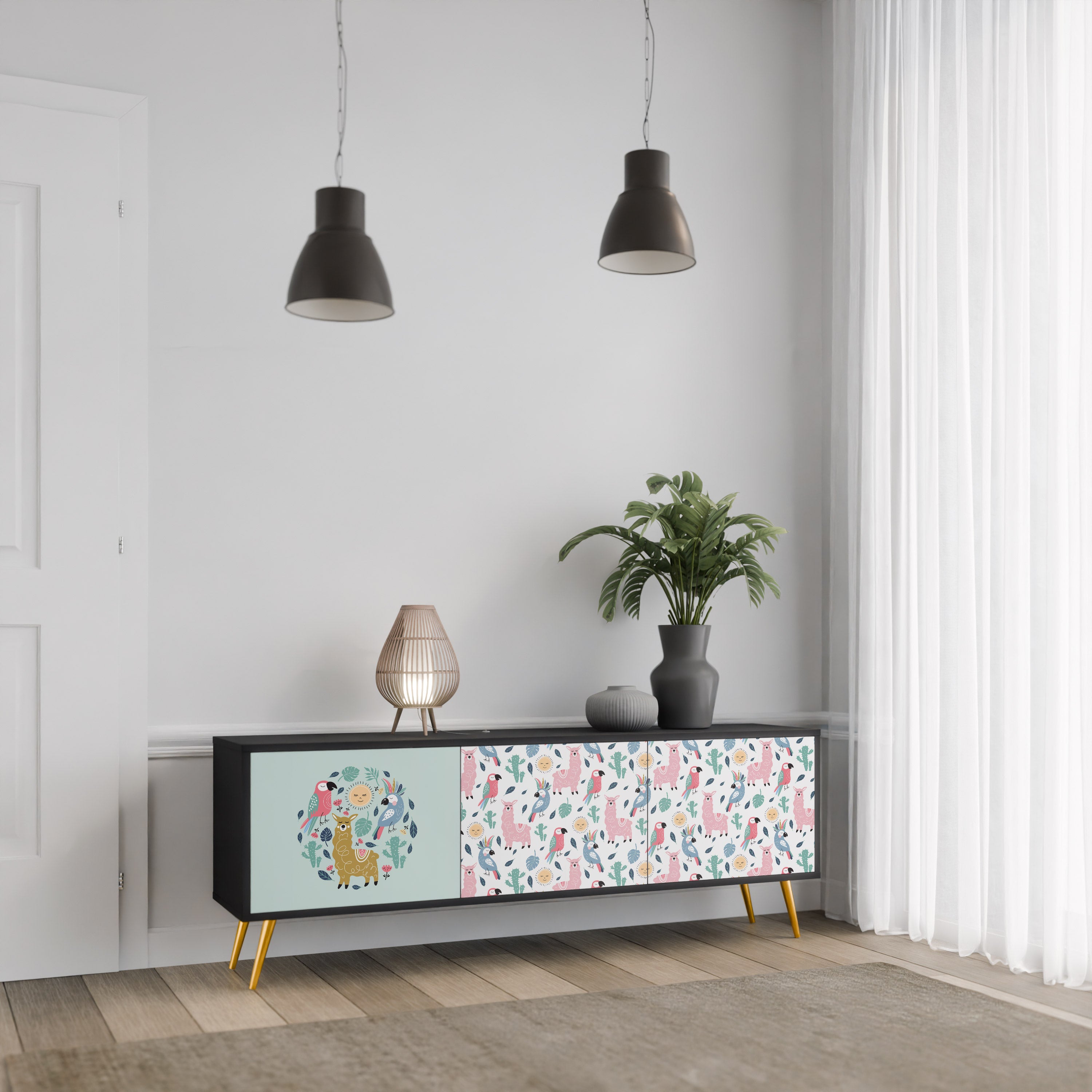 COLORFUL ALPACAS 3-Door TV Stand in Black Finish