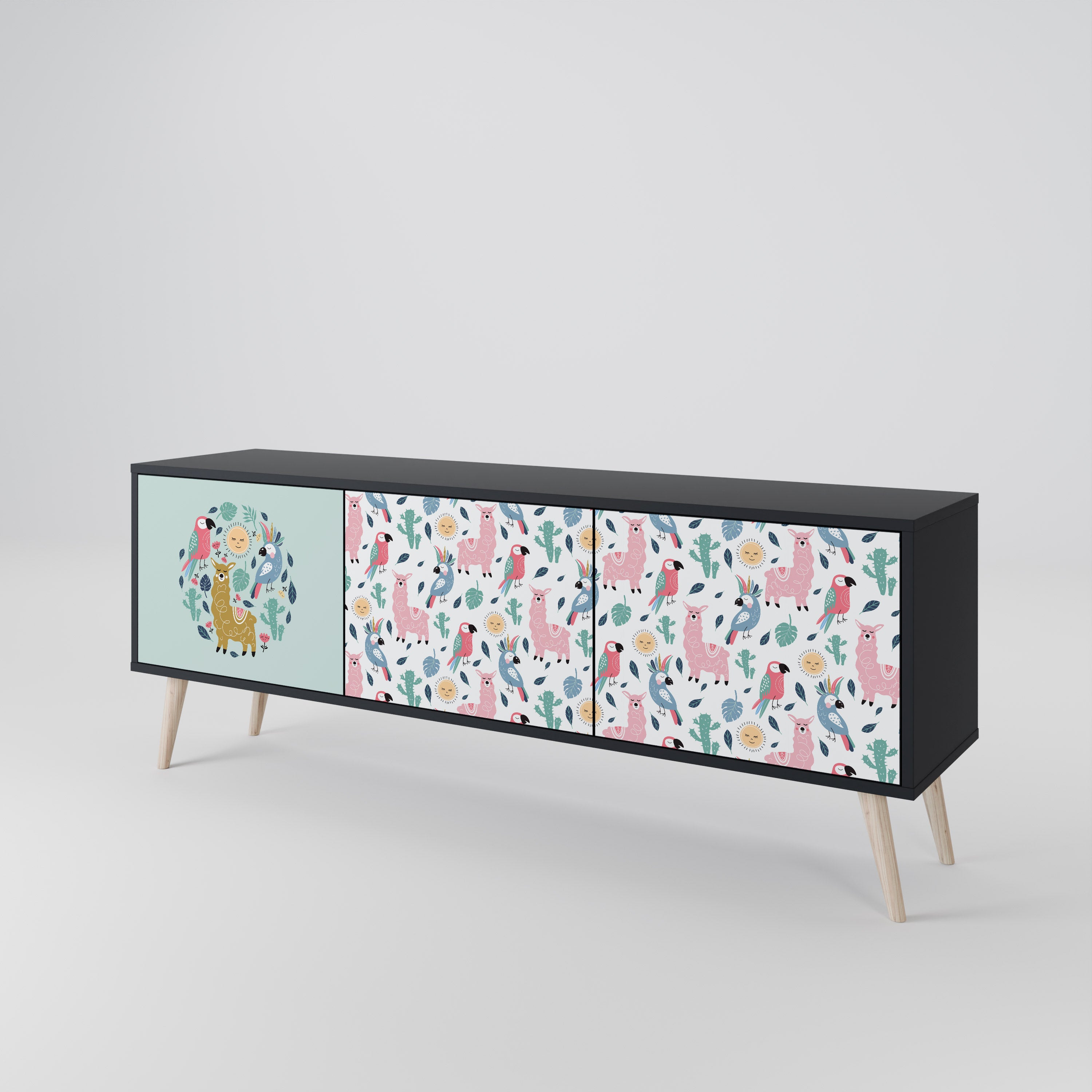 COLORFUL ALPACAS 3-Door TV Stand in Black Finish