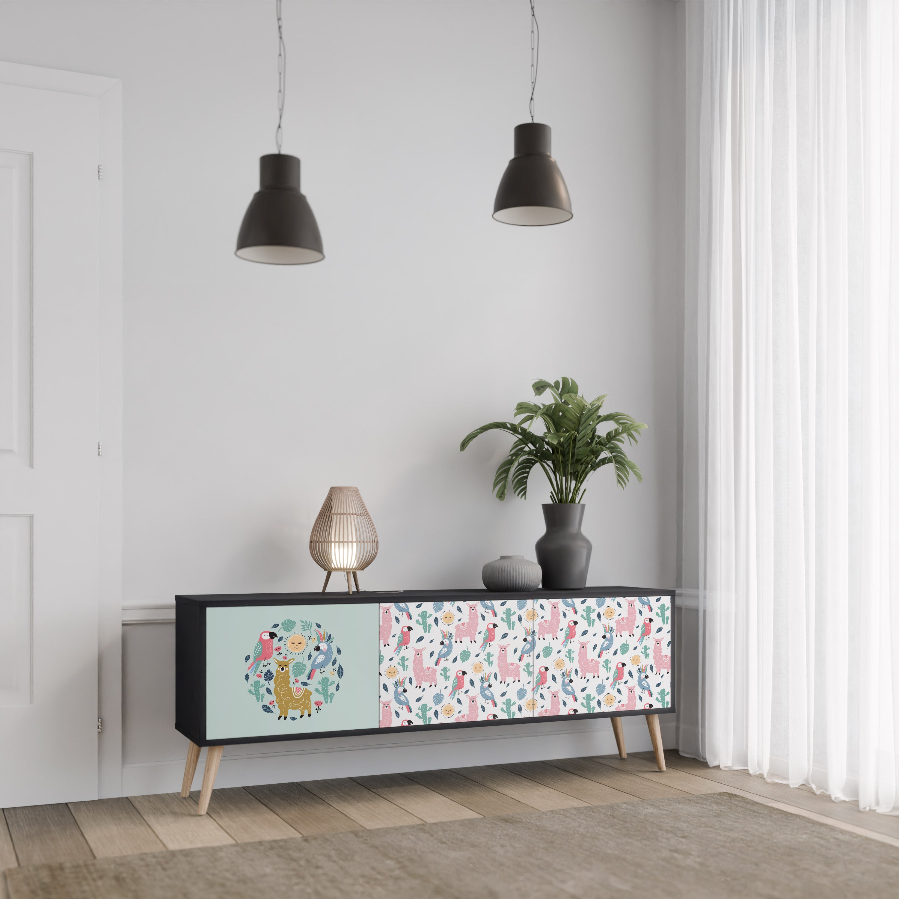 COLORFUL ALPACAS 3-Door TV Stand in Black Finish