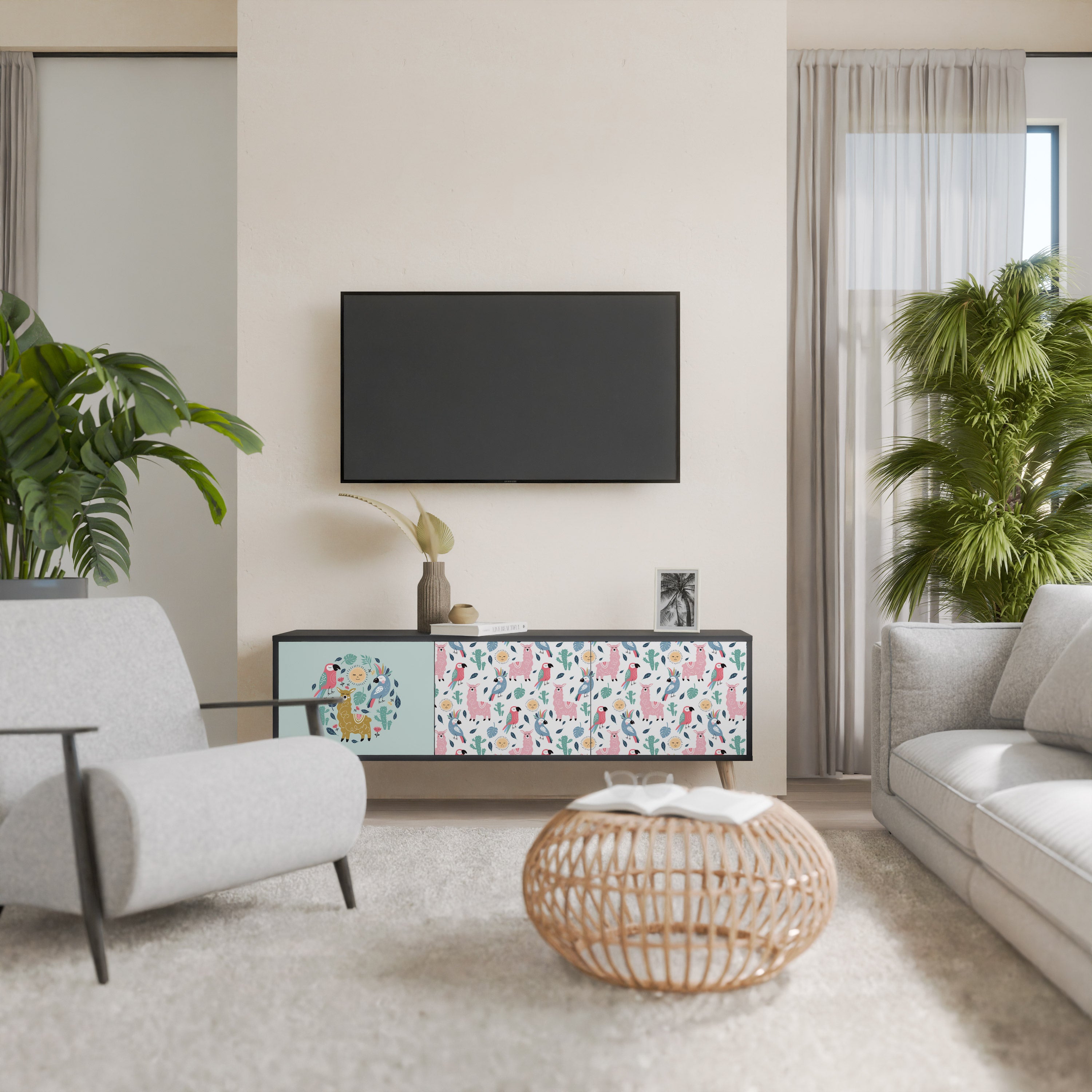 COLORFUL ALPACAS 3-Door TV Stand in Black Finish