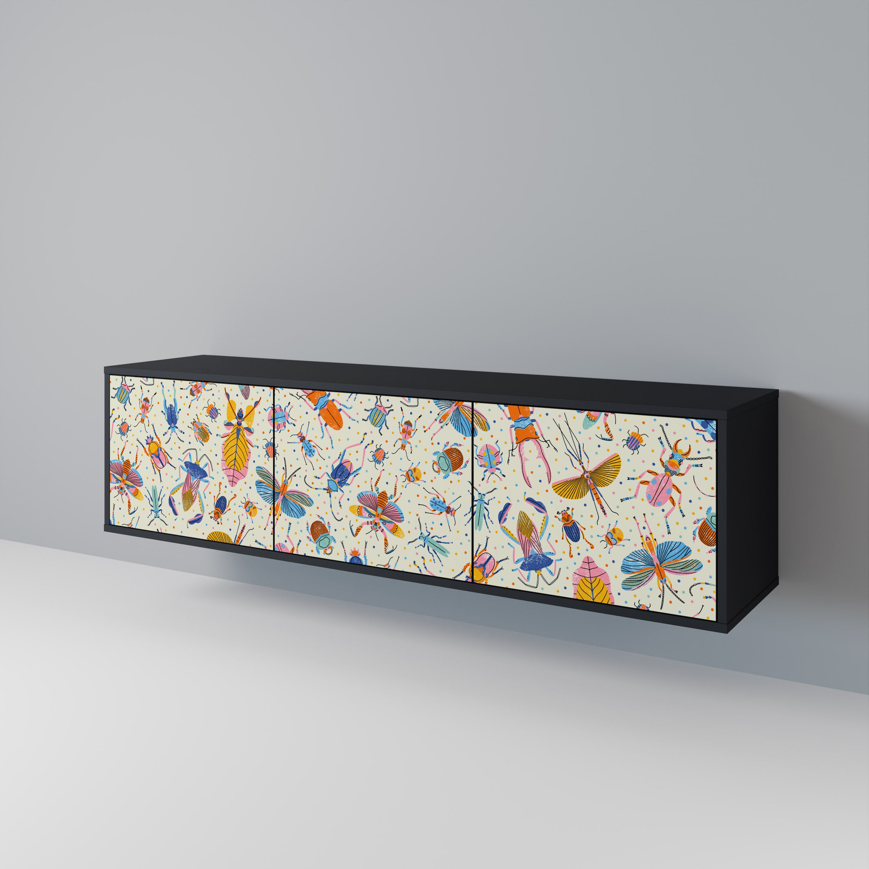 COLORFUL INSECTS 3-Door TV Stand in Black Finish