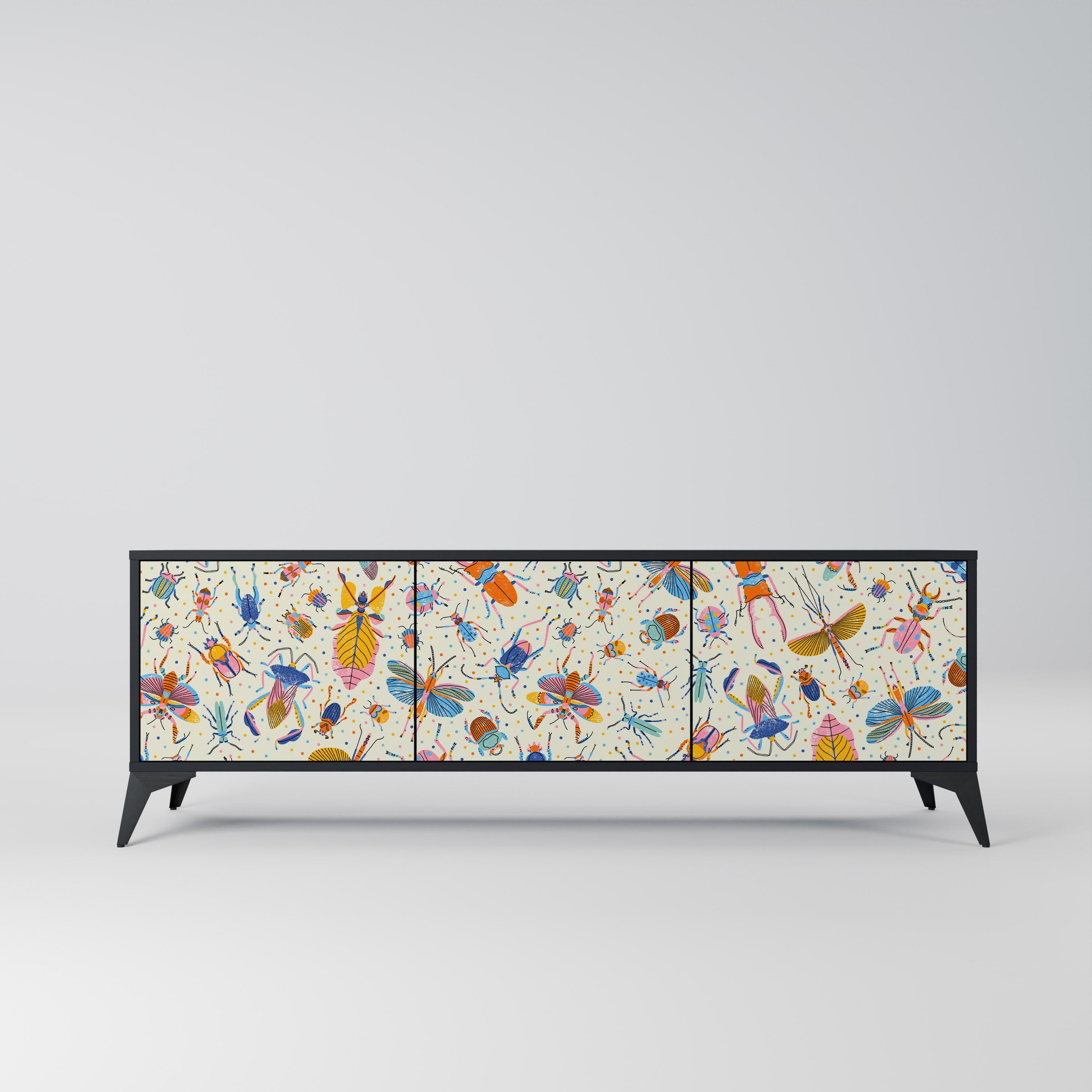 COLORFUL INSECTS 3-Door TV Stand in Black Finish
