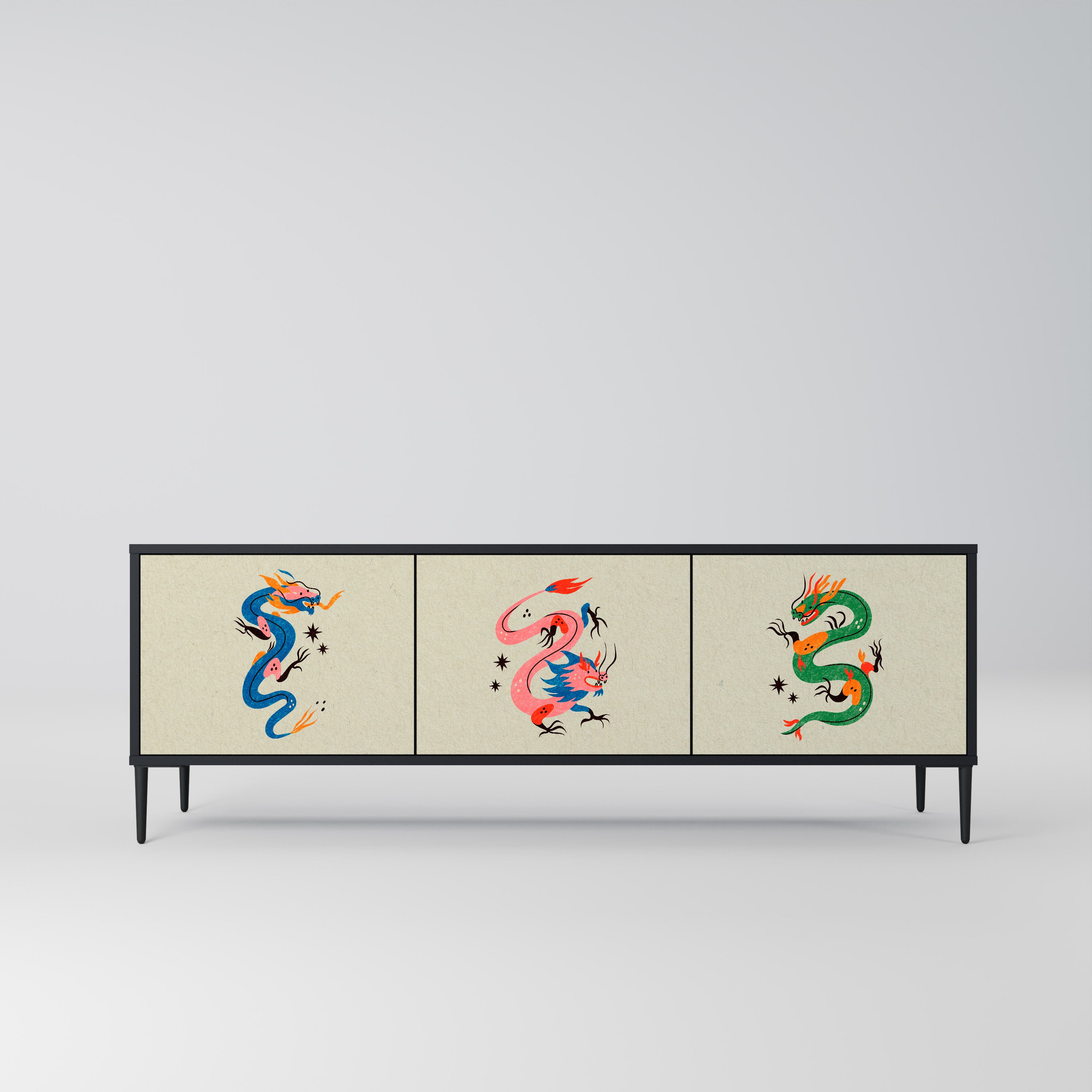 MYTHOLOGICAL CREATURES 3-Door TV Stand in Black Finish