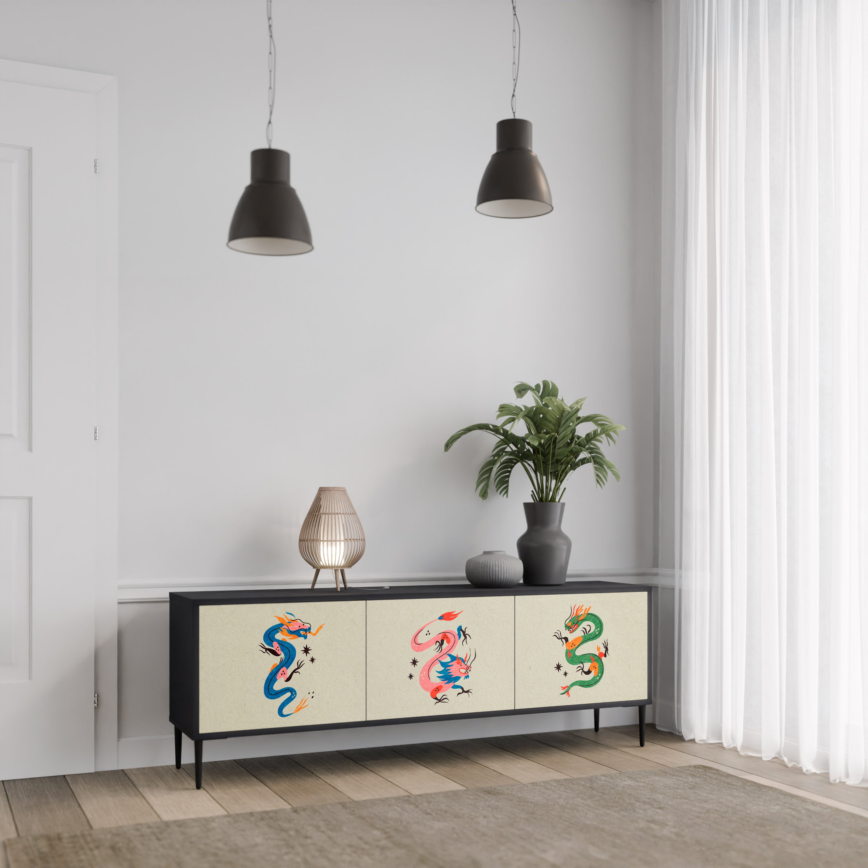 MYTHOLOGICAL CREATURES 3-Door TV Stand in Black Finish